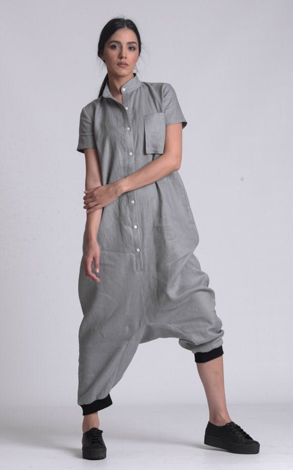 Thumbnail preview #1 for Buttoned Drop-Crotch Linen Jumpsuit