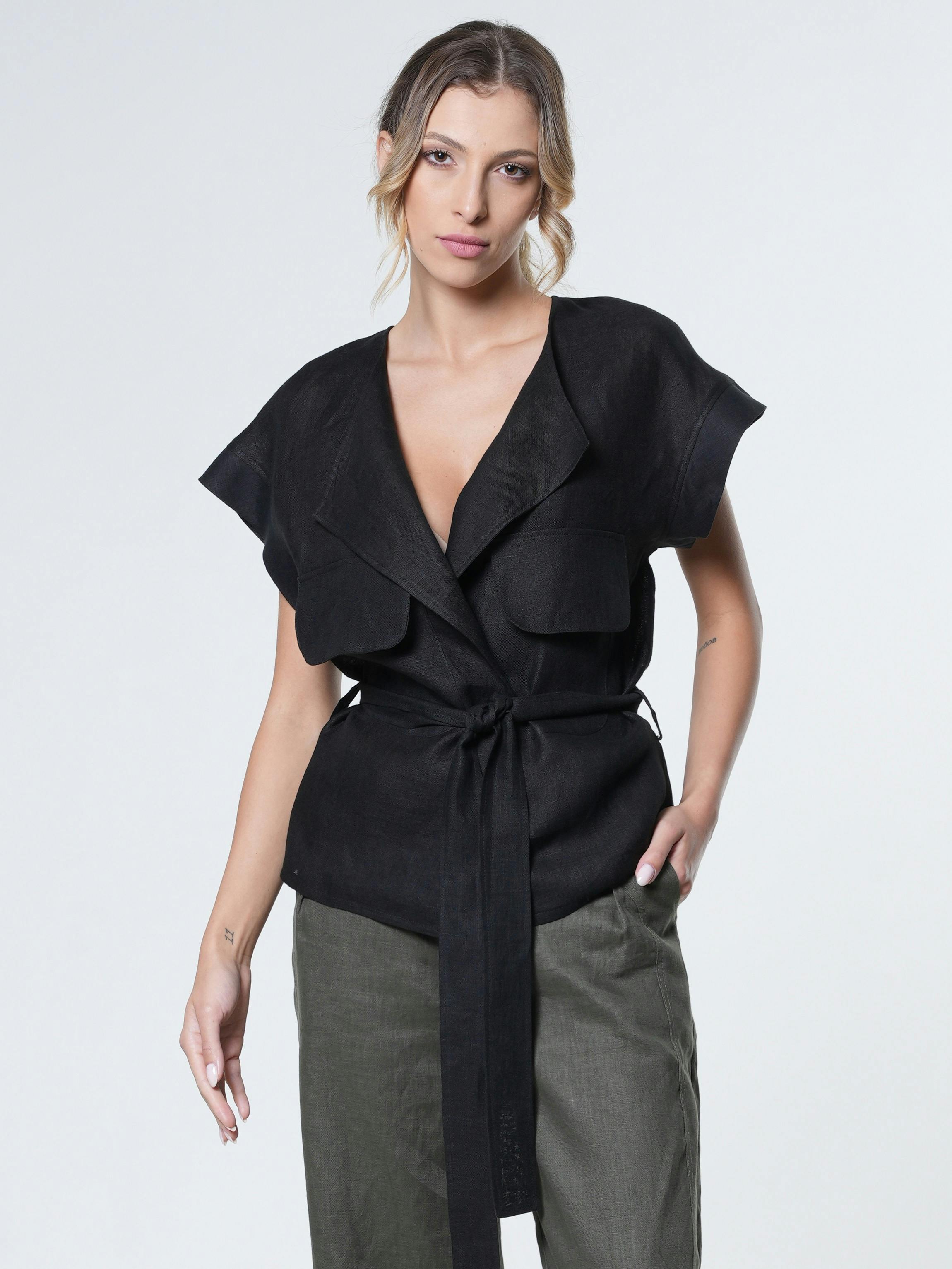 Thumbnail preview #7 for Belted Linen Wrap Top