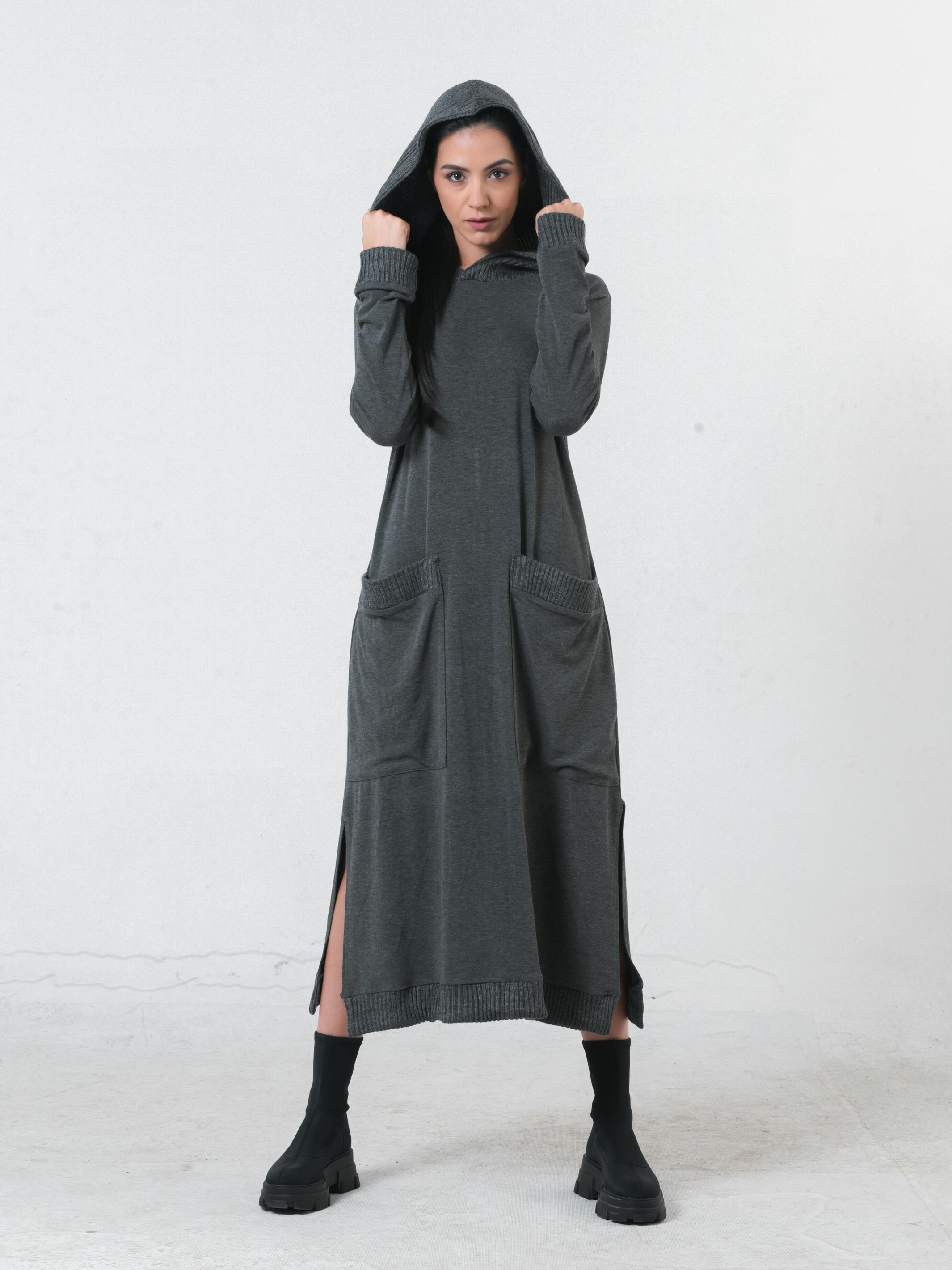 Knitted Long Sleeve Hooded Dress In Dark Gray, a product by METAMORPHOZA