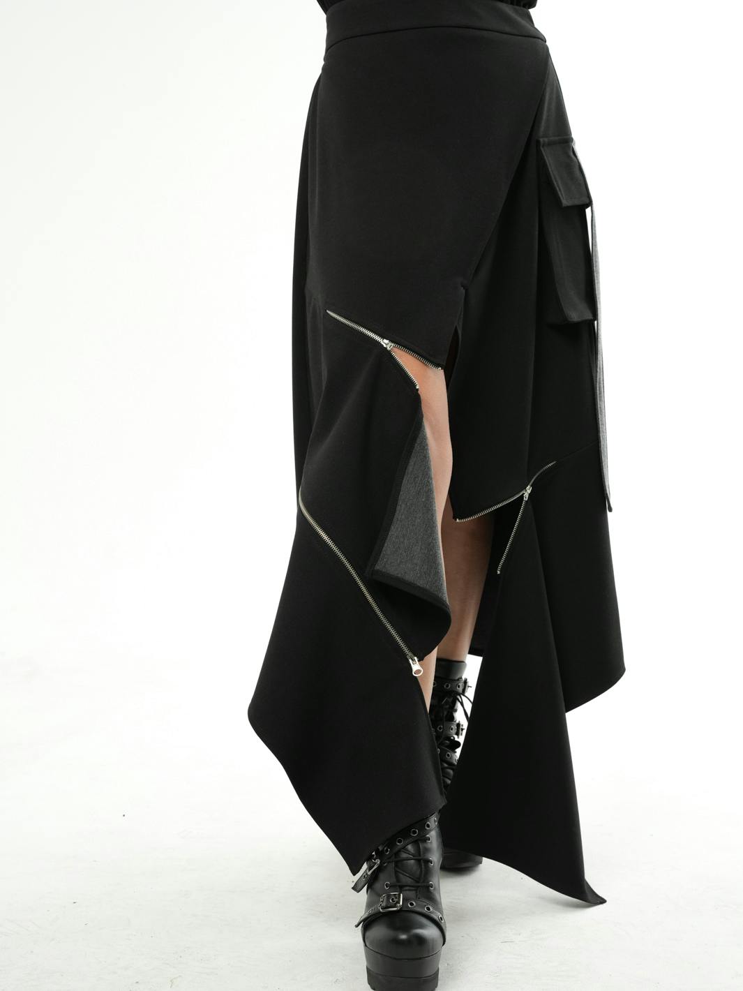 Thumbnail preview #4 for Asymmetric Gray Long Skirt with Zippers 