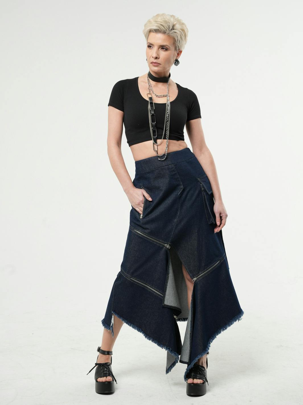 Asymmetric Denim Long Skirt with Zippers, a product by METAMORPHOZA
