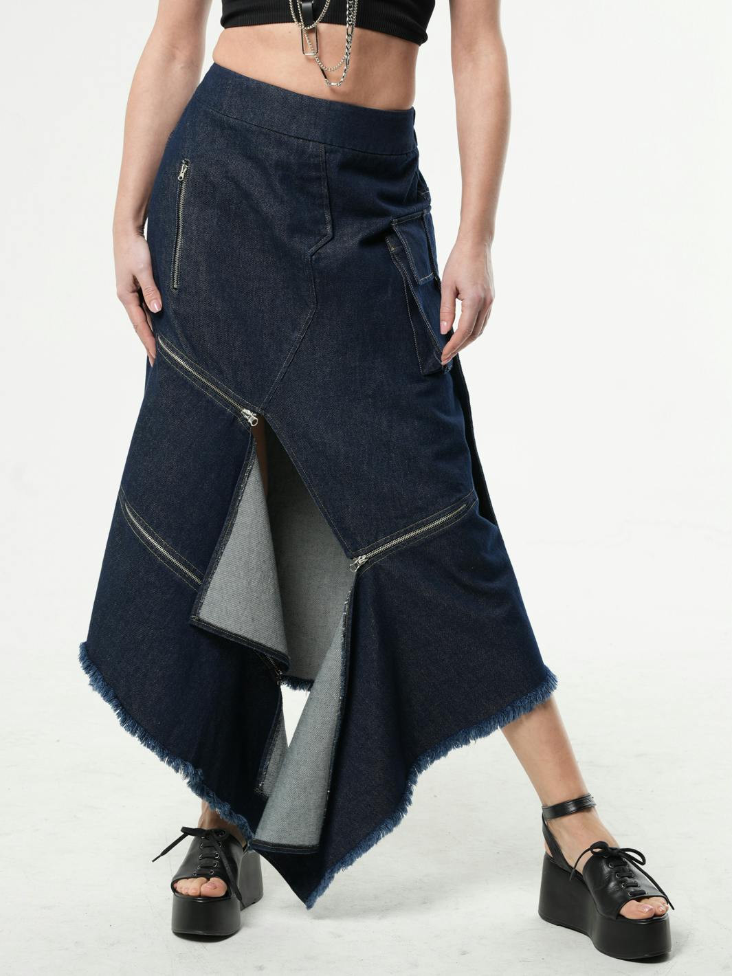 Thumbnail preview #4 for Asymmetric Denim Long Skirt with Zippers