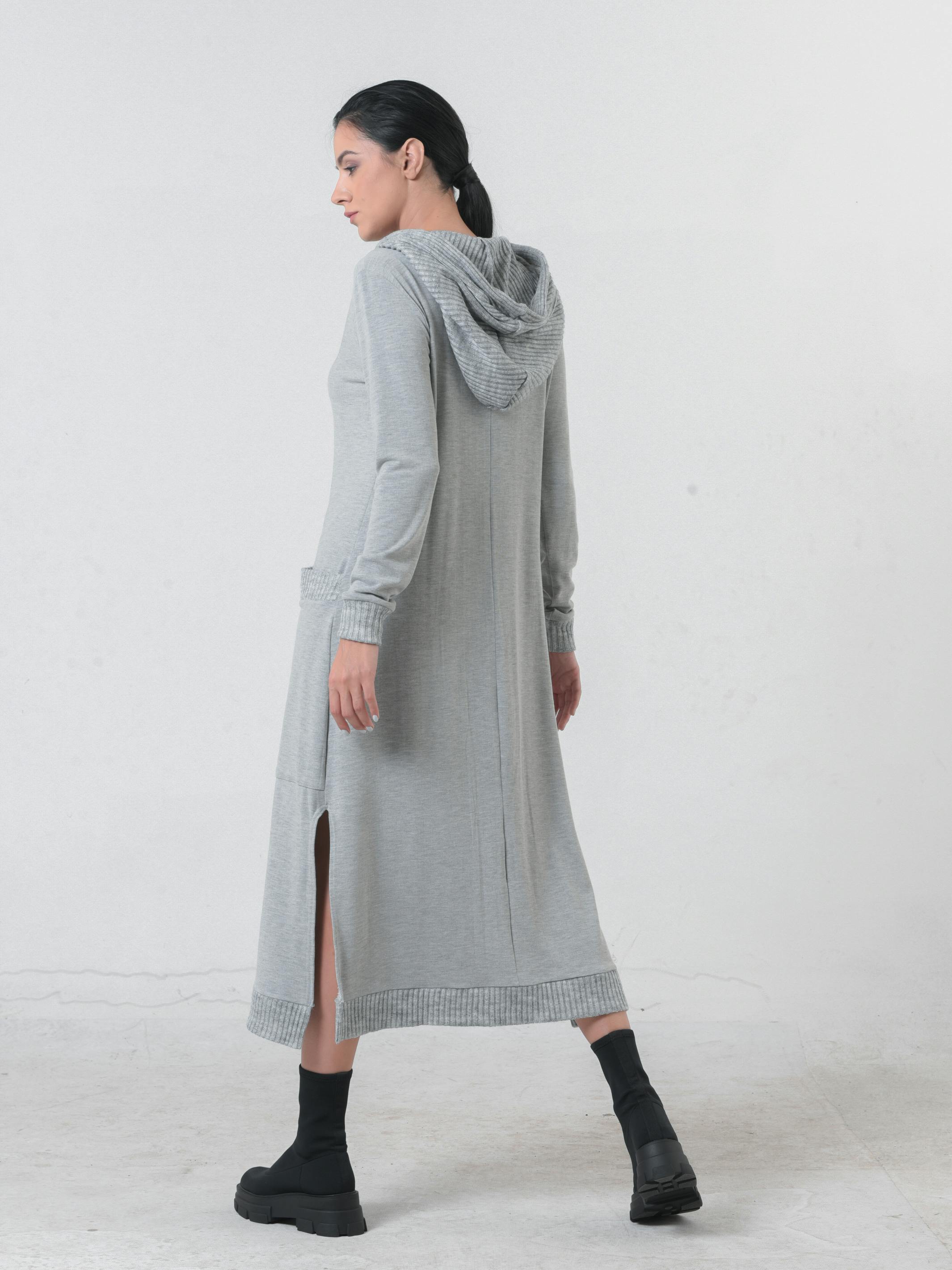 Thumbnail preview #1 for Knitted Long Sleeve Hooded Dress In Light Gray