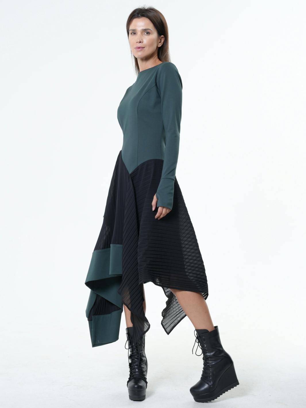 Thumbnail preview #8 for Asymmetric Dress In Petrol With Pleated Chiffon Layer 