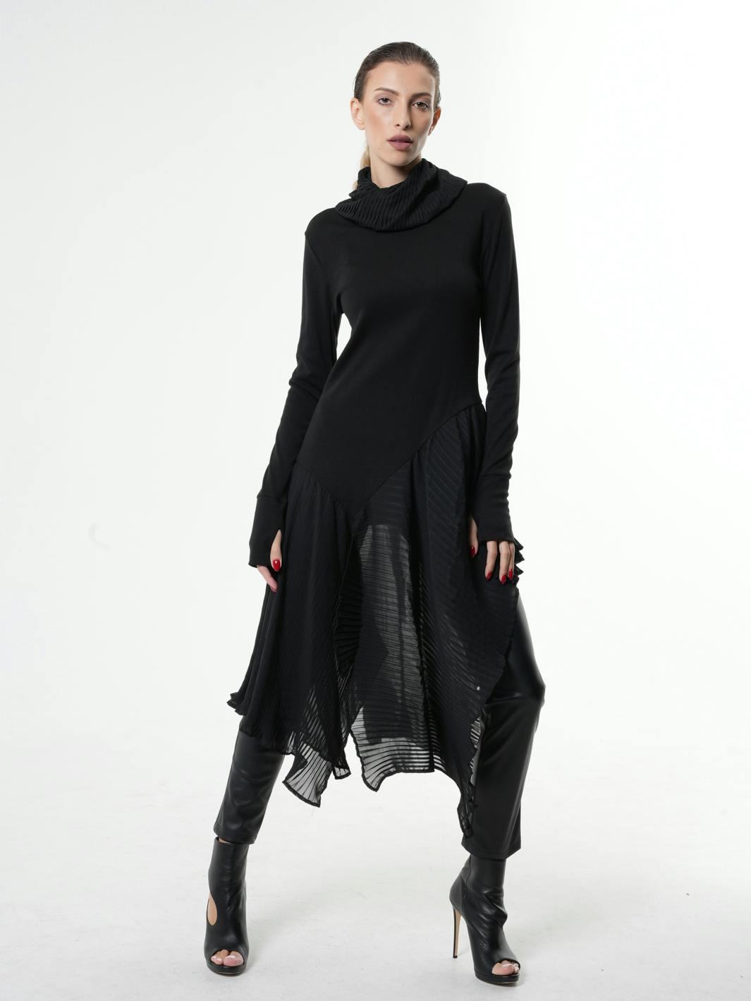 Turtleneck Black Tunic With Pleated Choffon Layer, a product by METAMORPHOZA