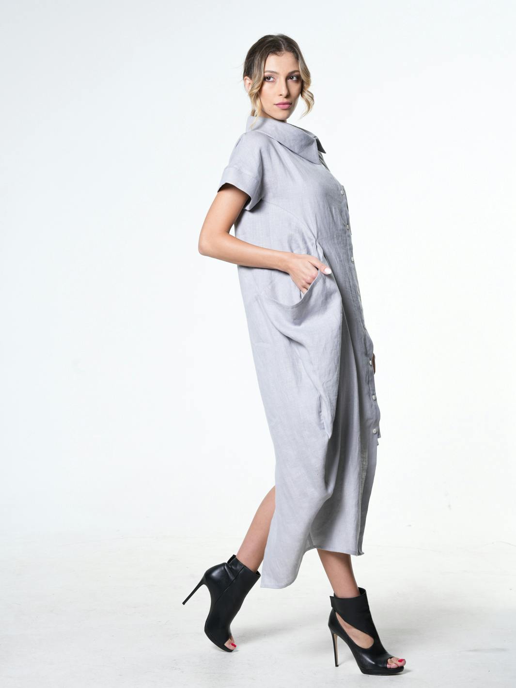 Thumbnail preview #6 for Collared Linen Shirt Dress In Black