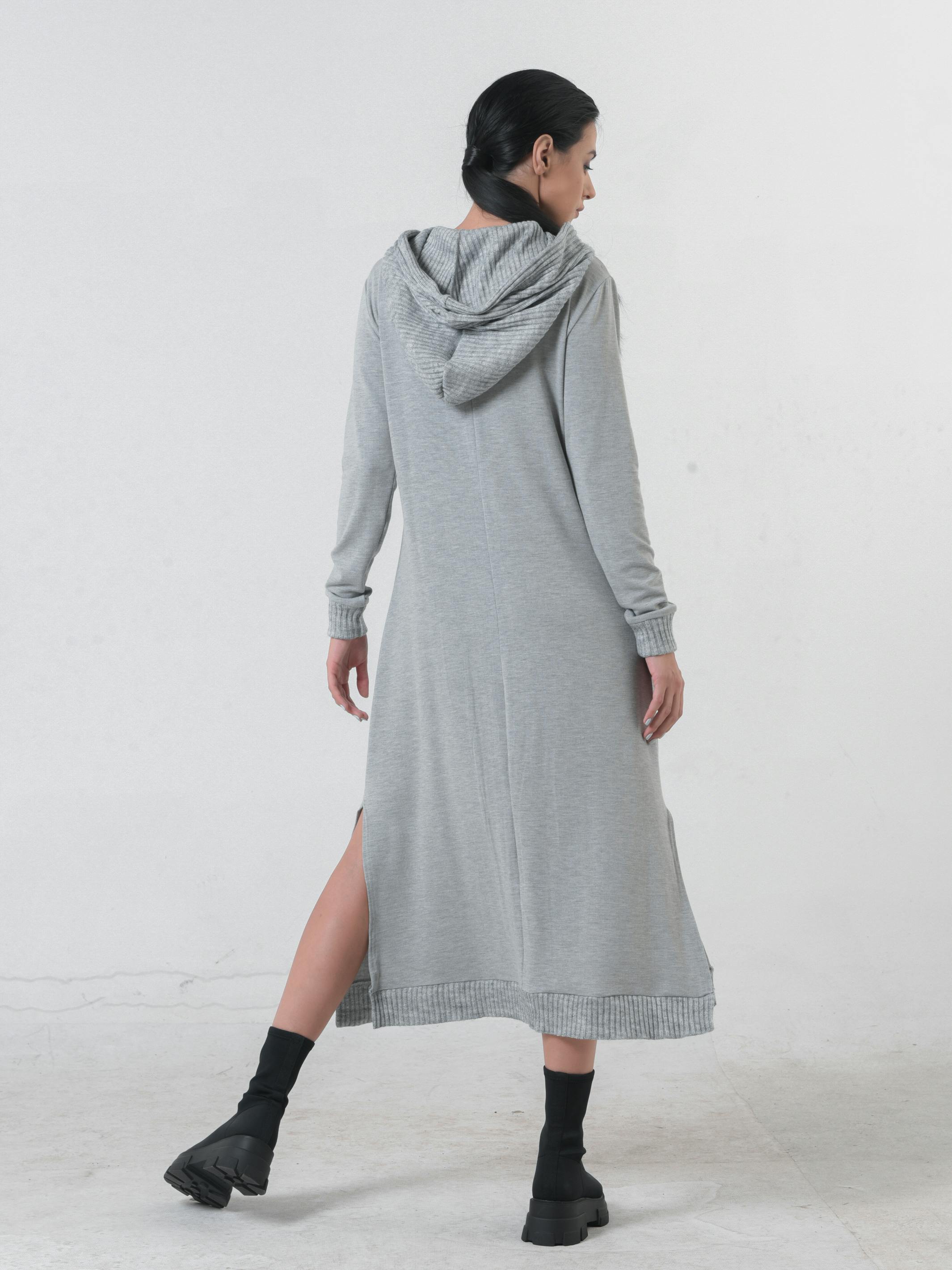 Thumbnail preview #4 for Knitted Long Sleeve Hooded Dress In Light Gray