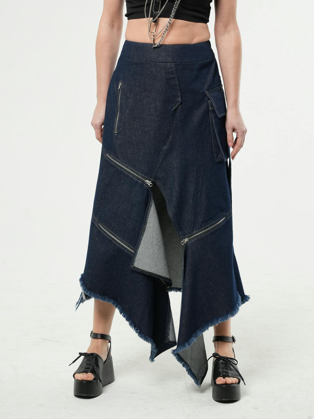 Thumbnail preview #1 for Asymmetric Denim Long Skirt with Zippers