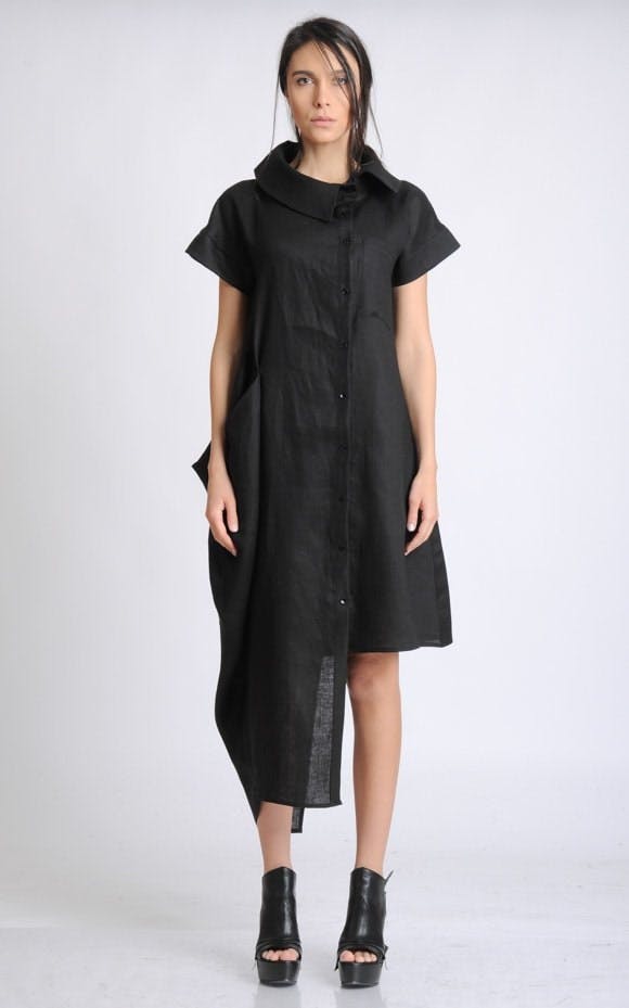 Thumbnail preview #0 for Collared Linen Shirt Dress In Black