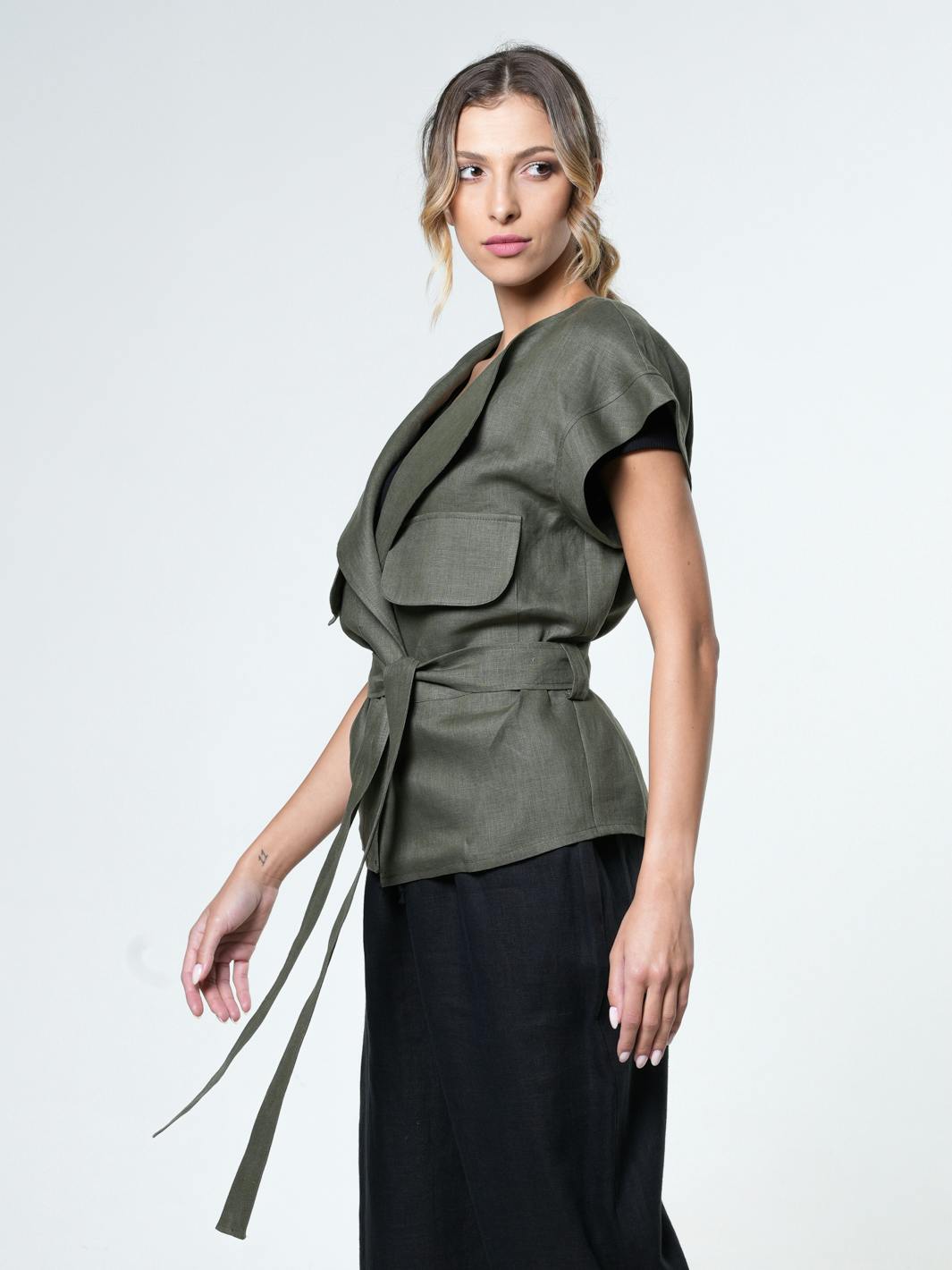 Thumbnail preview #8 for Belted Linen Wrap Top