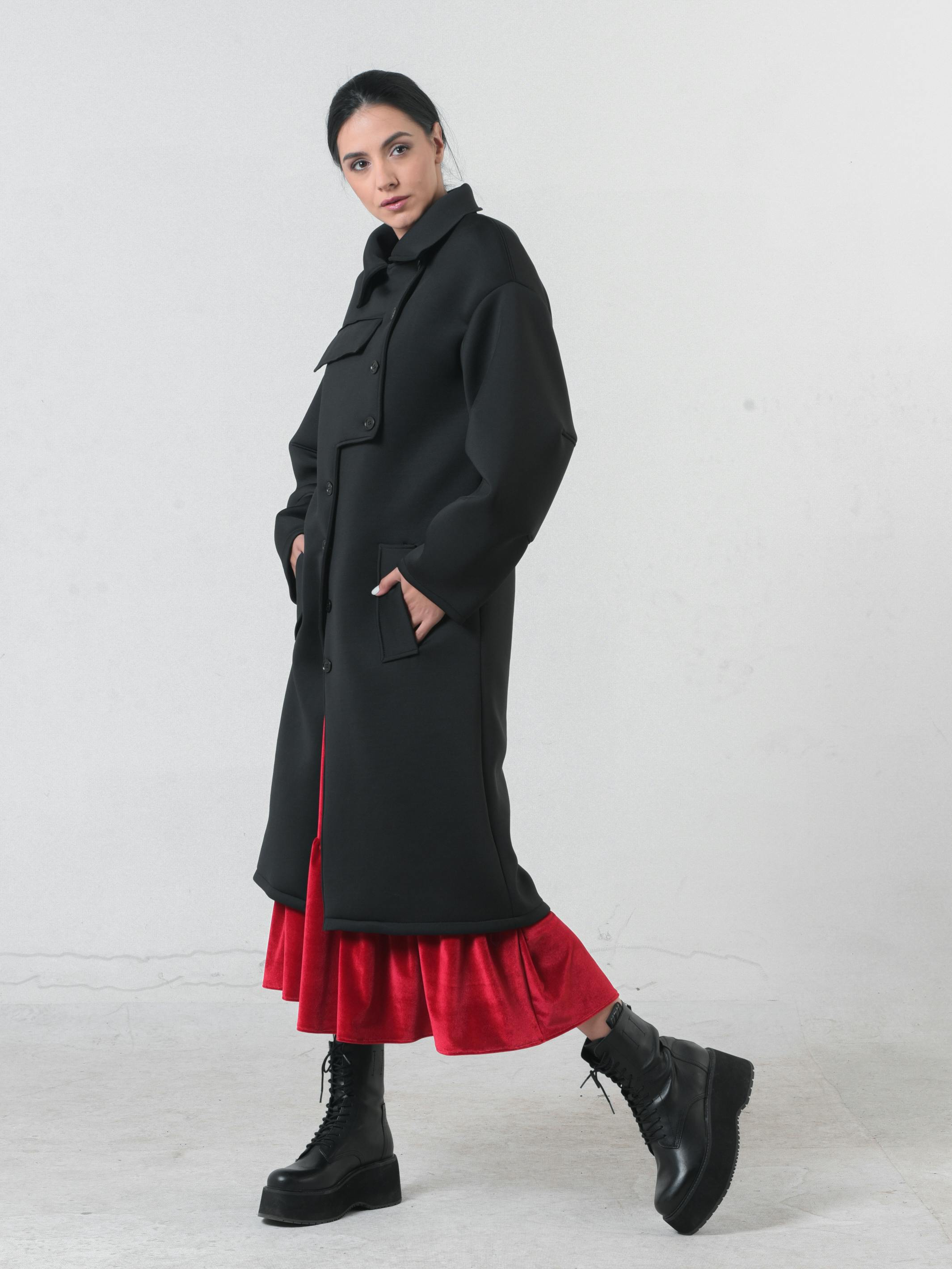 Long Black Neoprene Coat, a product by METAMORPHOZA