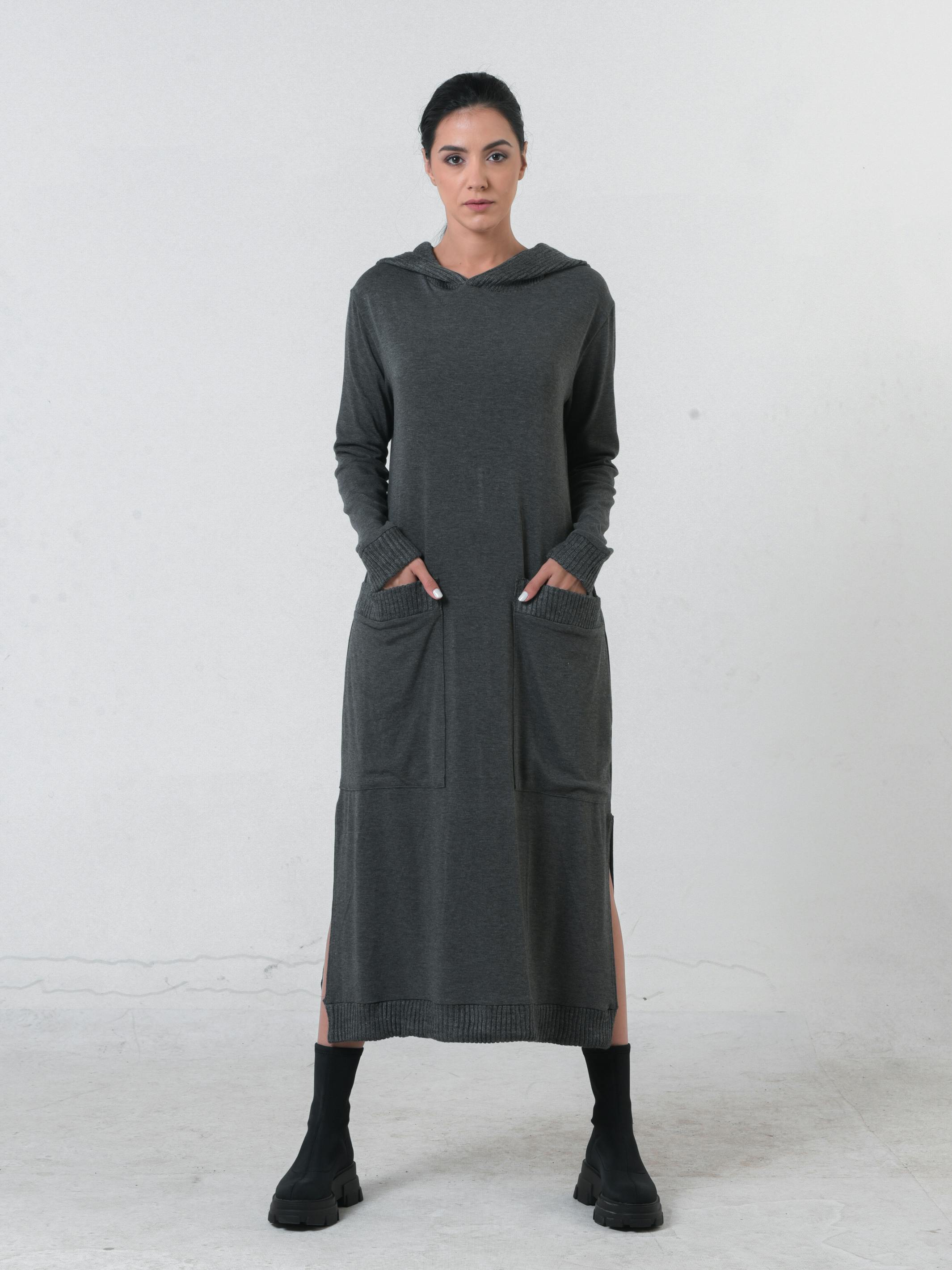 Thumbnail preview #2 for Knitted Long Sleeve Hooded Dress In Dark Gray