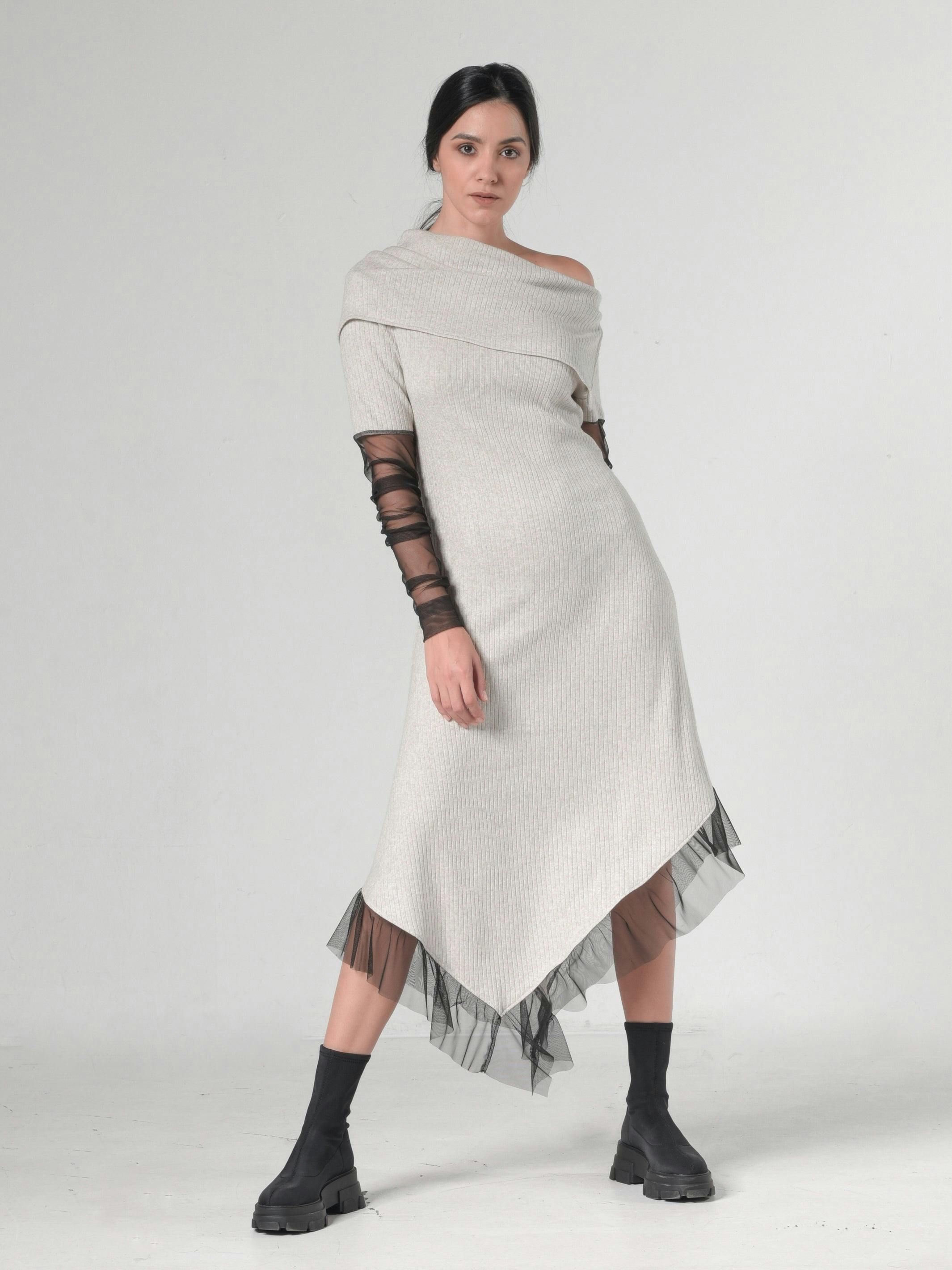Knitted Long Dress With Tulle Sleeves, a product by METAMORPHOZA