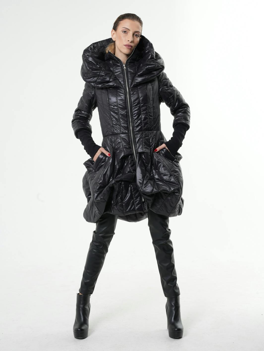 Thumbnail preview #7 for Black Puffer Coat With Large Collar