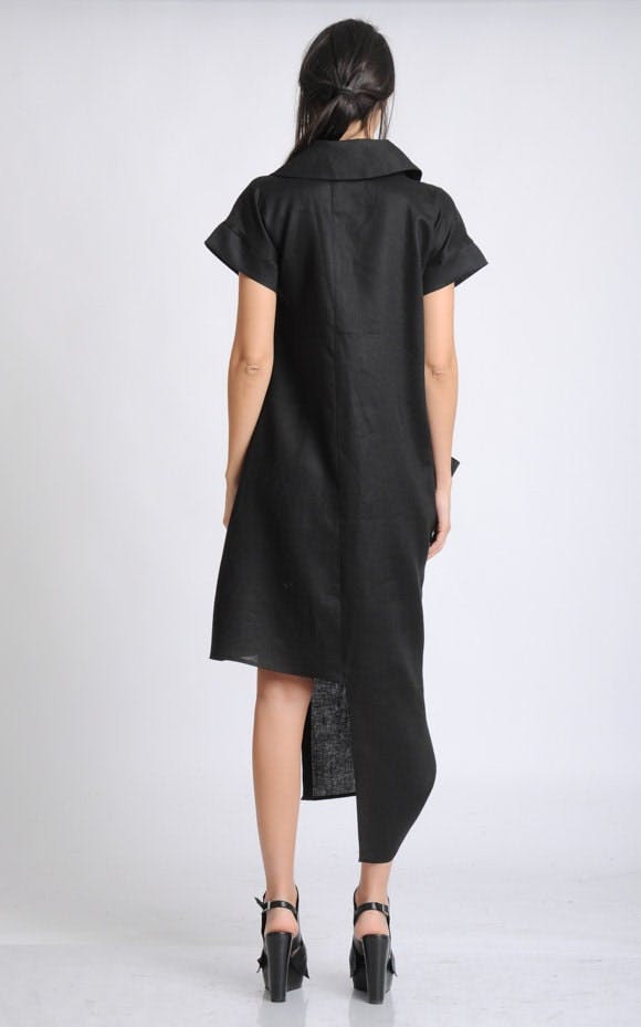 Thumbnail preview #3 for Collared Linen Shirt Dress In Black