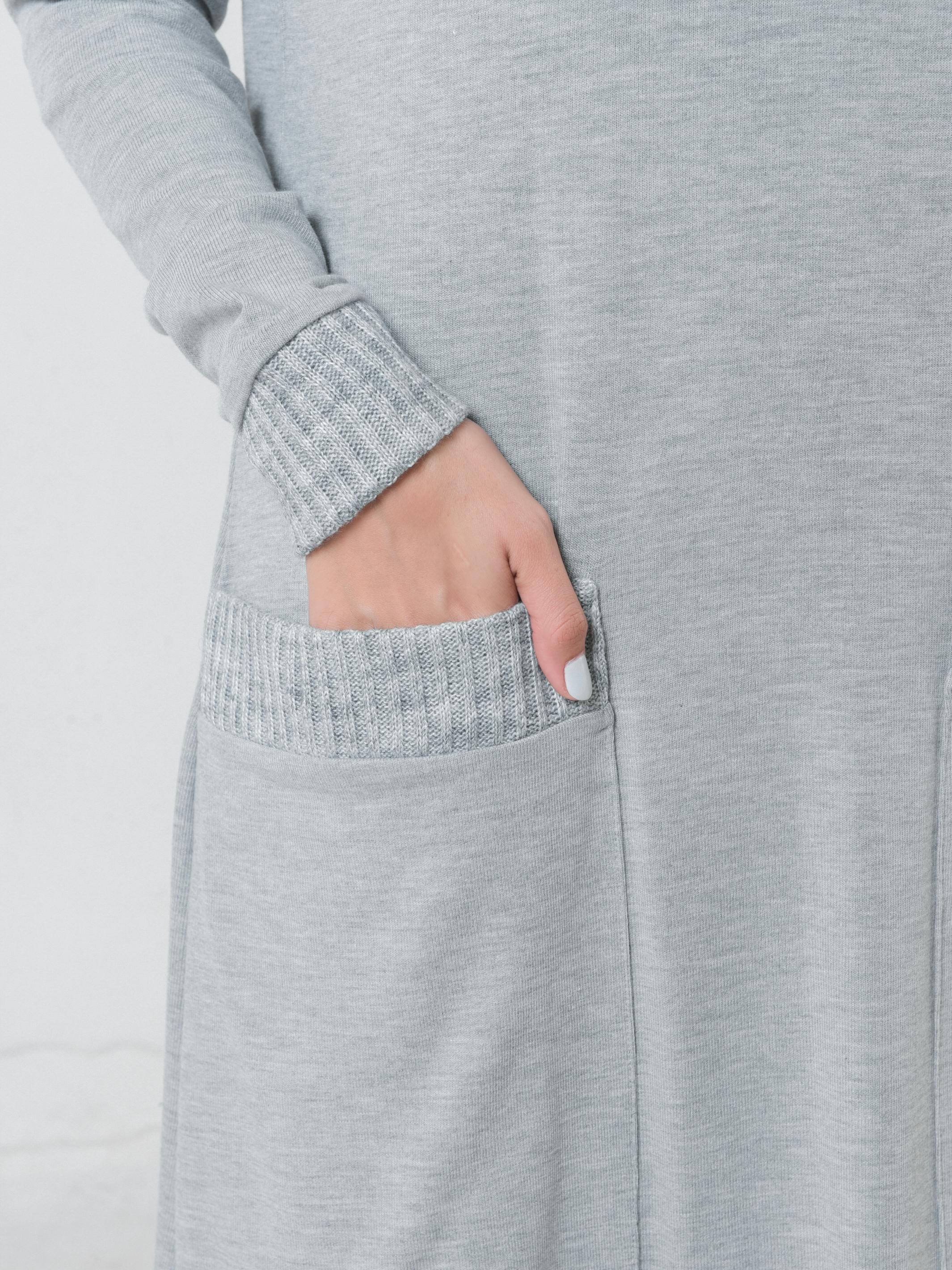 Thumbnail preview #7 for Knitted Long Sleeve Hooded Dress In Light Gray