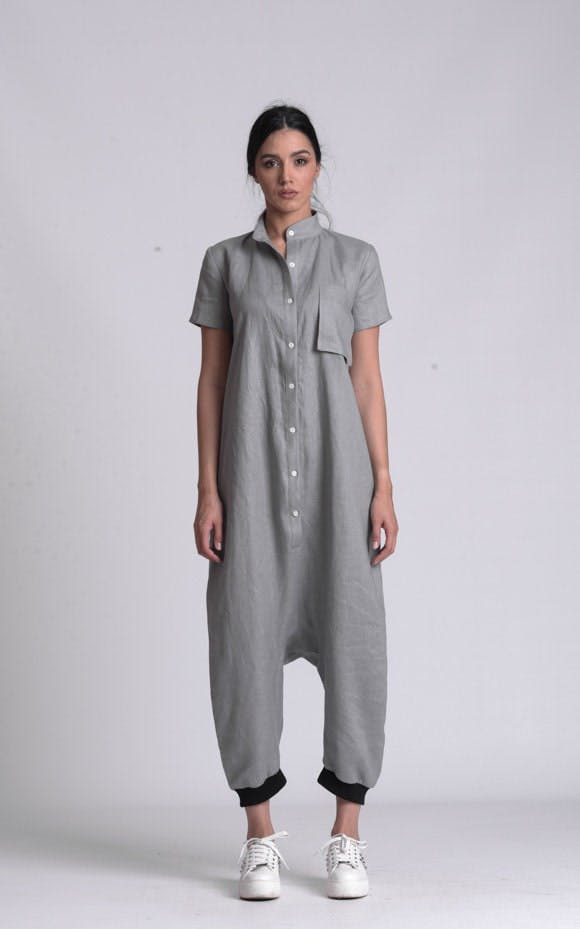 Thumbnail preview #3 for Buttoned Drop-Crotch Linen Jumpsuit