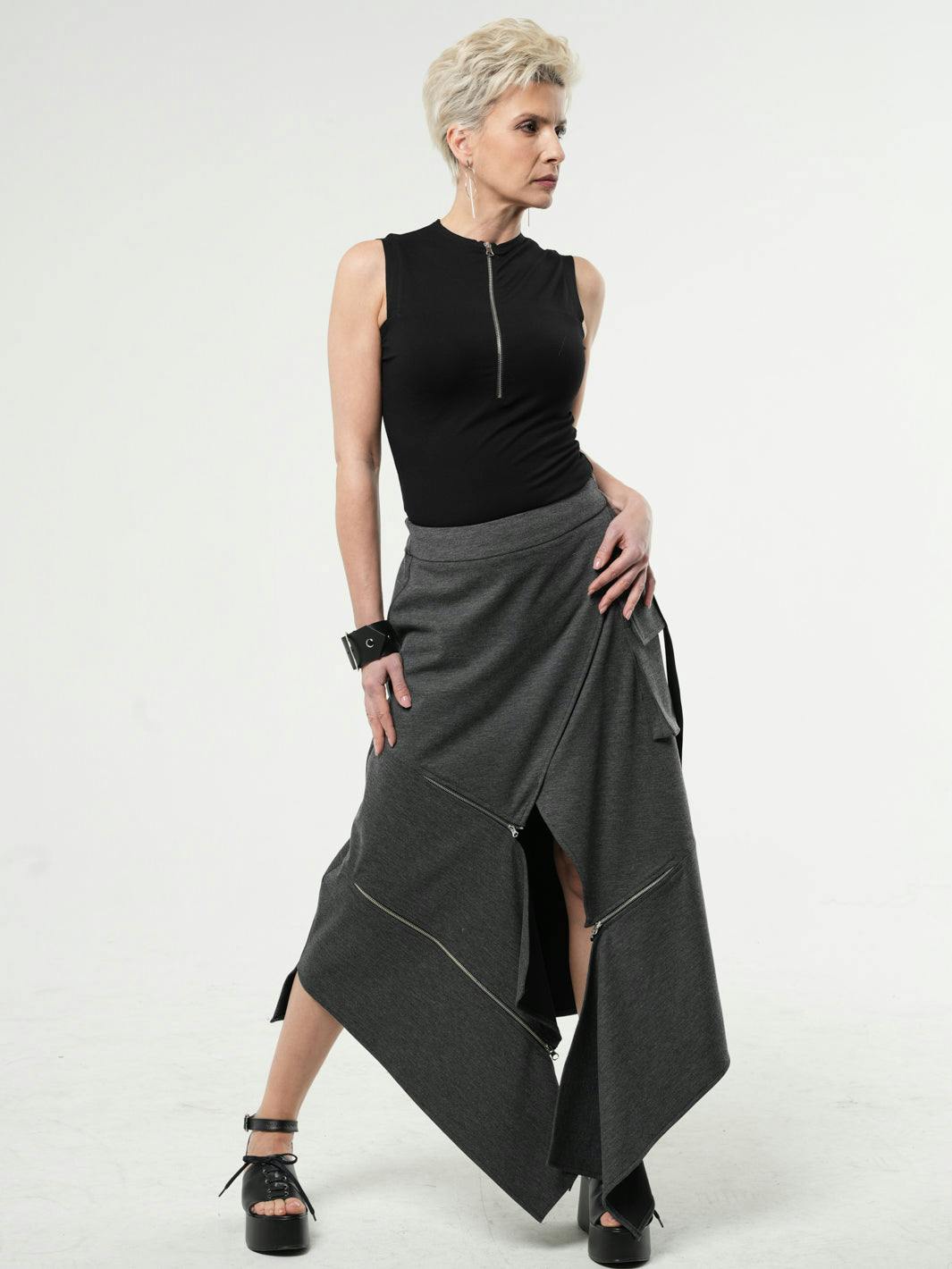 Thumbnail preview #0 for Asymmetric  Long Skirt with Zippers