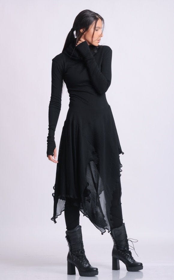 Thumbnail preview #4 for Turtleneck Black Tunic With Pleated Choffon Layer