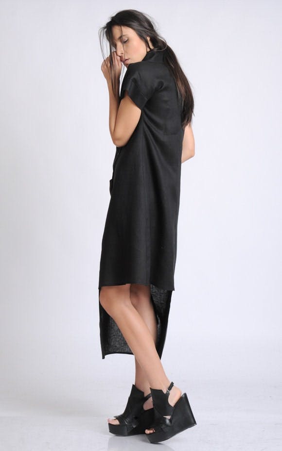 Thumbnail preview #2 for Collared Linen Shirt Dress In Black