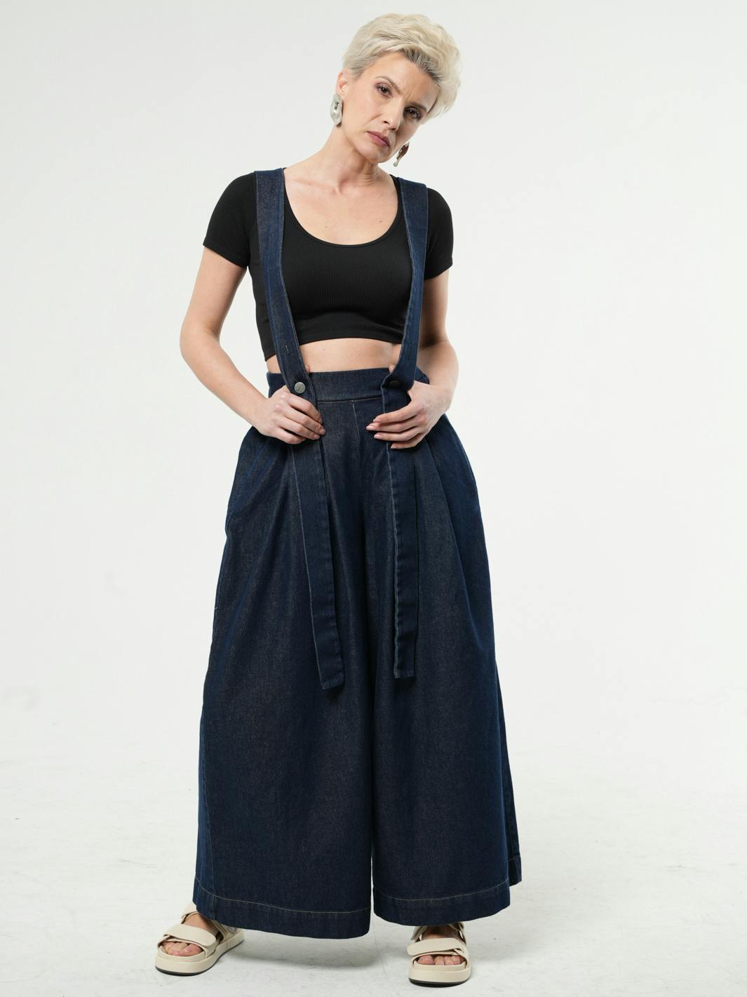 Thumbnail preview #1 for Full-length Wide-leg Dark Denim Pants