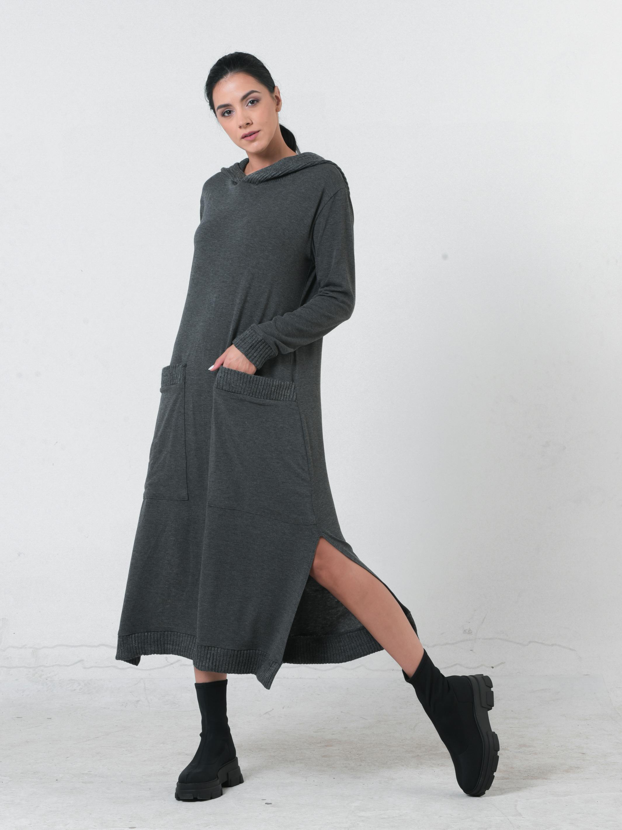 Thumbnail preview #3 for Knitted Long Sleeve Hooded Dress In Dark Gray