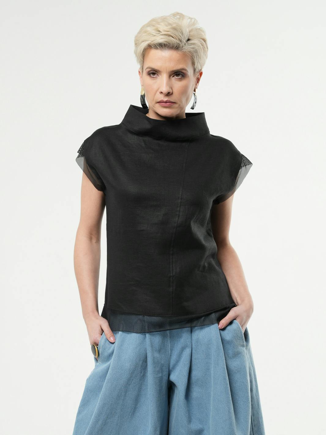 Thumbnail preview #1 for Turtleneck Linen Top With Mesh Details