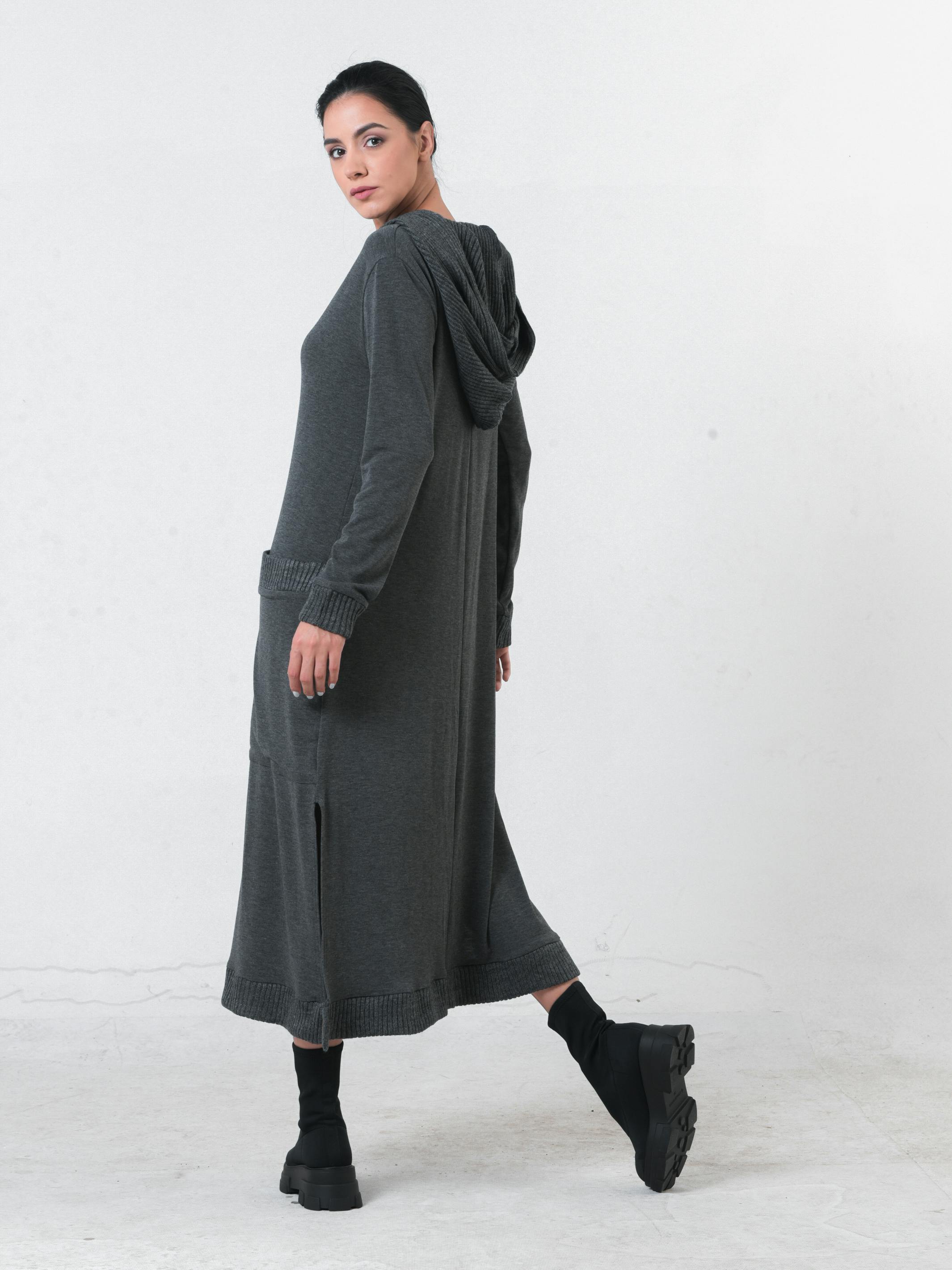 Thumbnail preview #1 for Knitted Long Sleeve Hooded Dress In Dark Gray