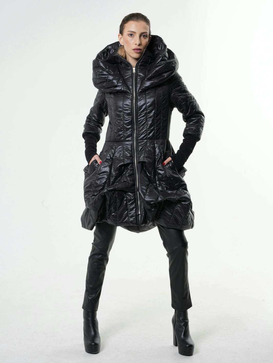 Thumbnail preview #8 for Black Puffer Coat With Large Collar