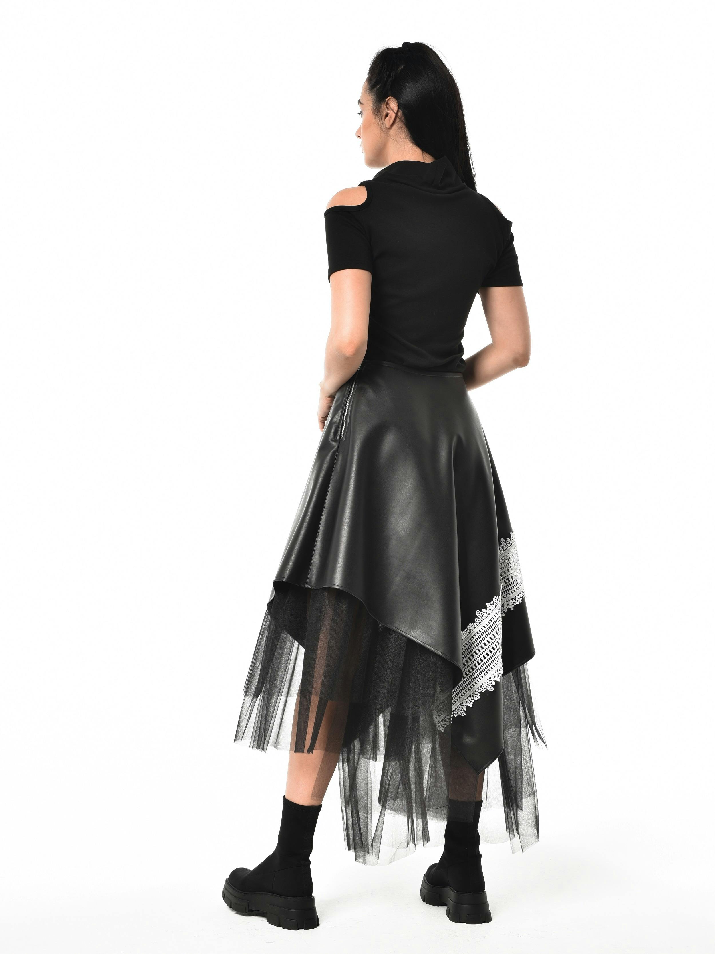 Thumbnail preview #2 for Vegan Leather Skirt With Tulle and Lace 