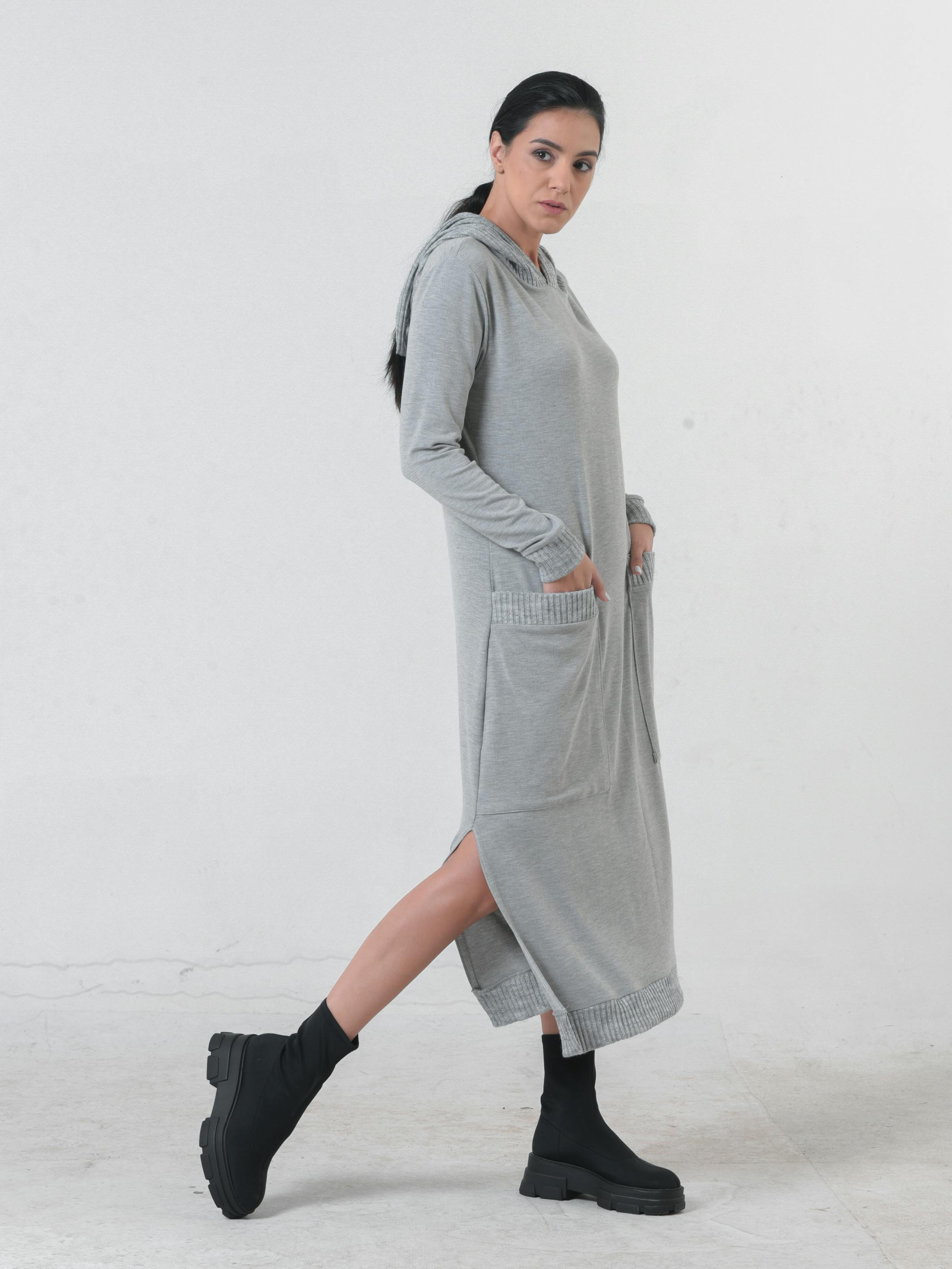 Thumbnail preview #3 for Knitted Long Sleeve Hooded Dress In Light Gray