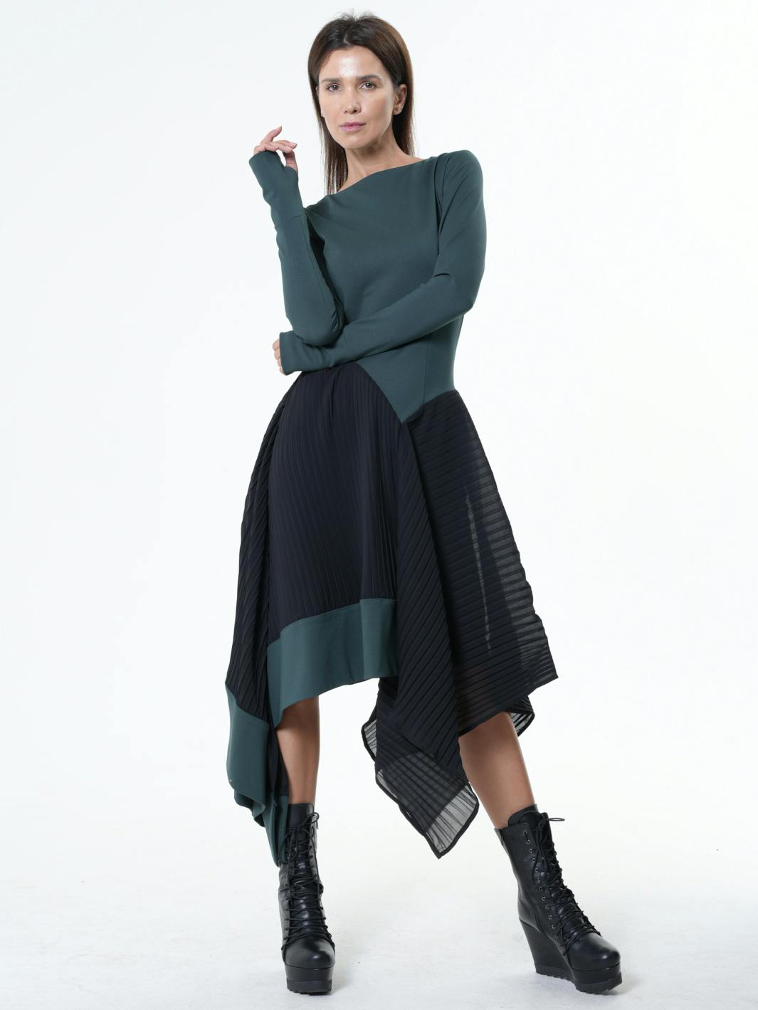 Thumbnail preview #2 for Asymmetric Dress In Petrol With Pleated Chiffon Layer 