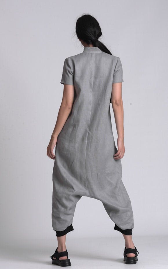 Thumbnail preview #9 for Buttoned Drop-Crotch Linen Jumpsuit