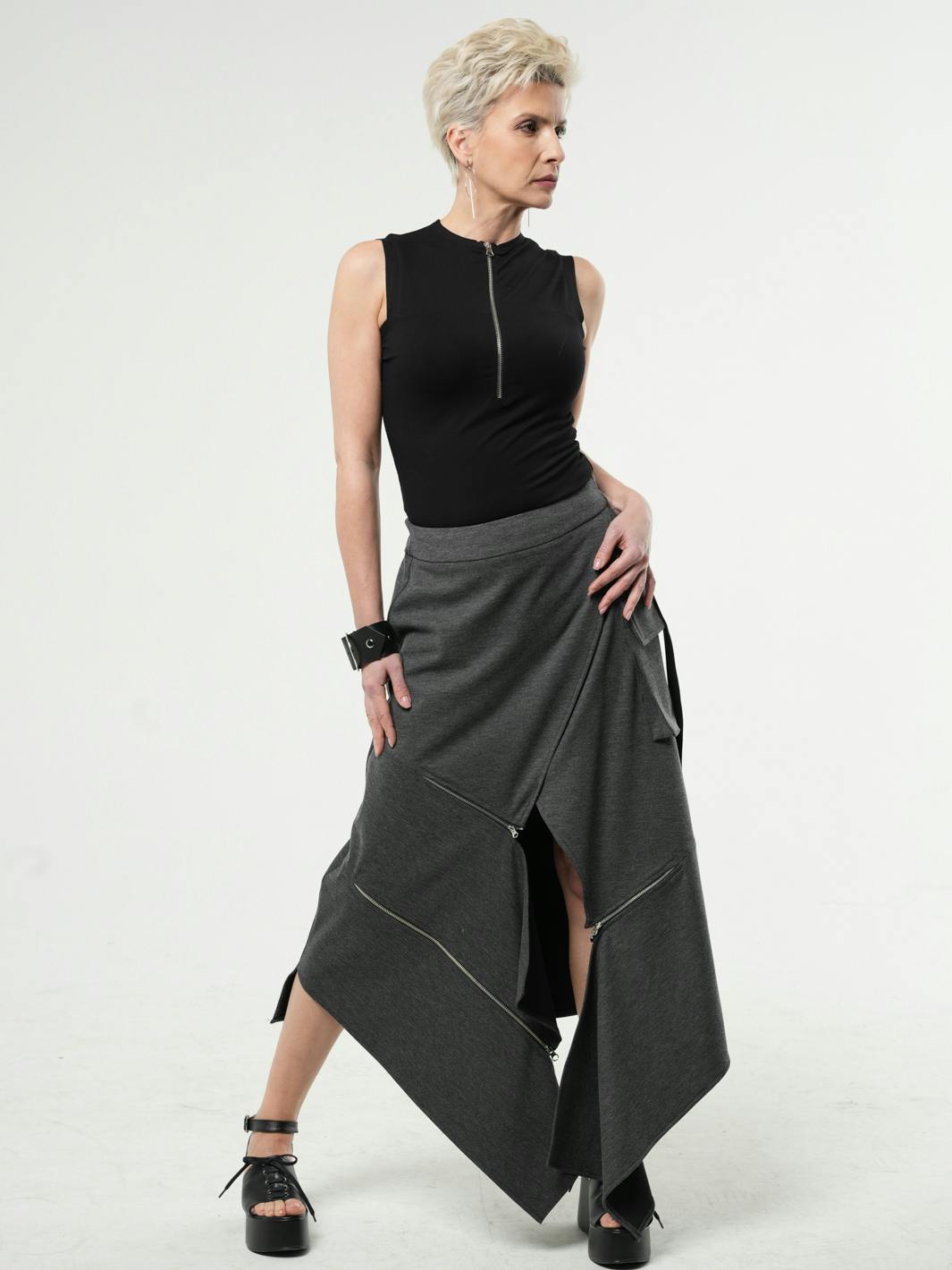 Asymmetric Gray Long Skirt with Zippers , a product by METAMORPHOZA