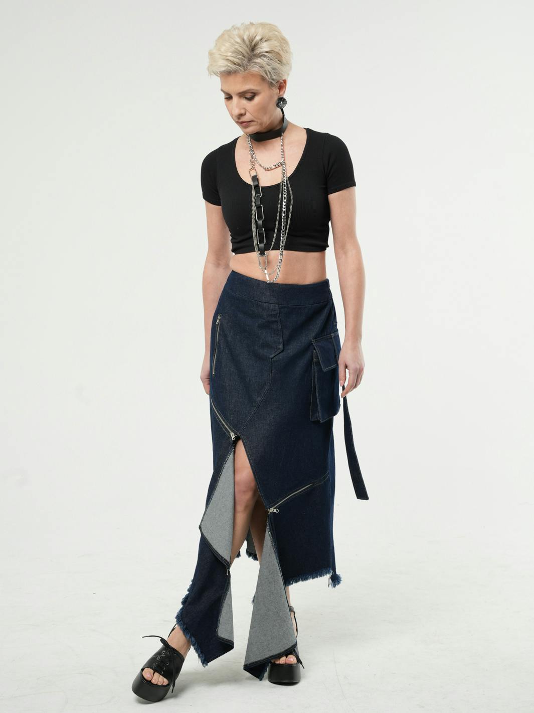 Thumbnail preview #2 for Asymmetric Denim Long Skirt with Zippers