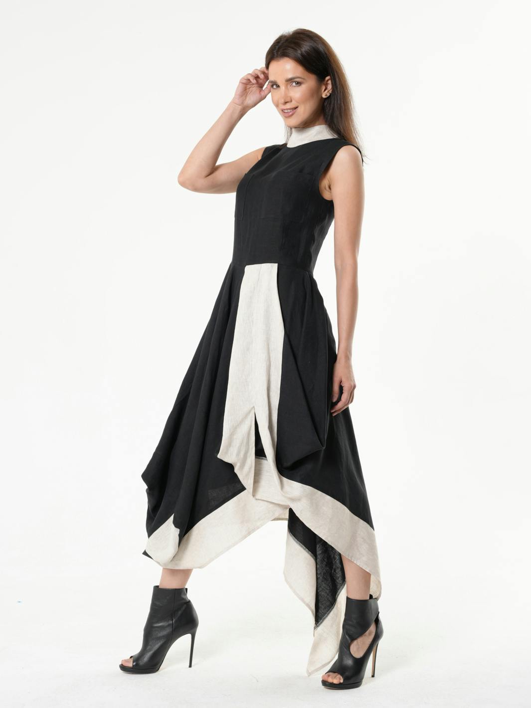 Long Linen Dress In Black and Beige, a product by METAMORPHOZA