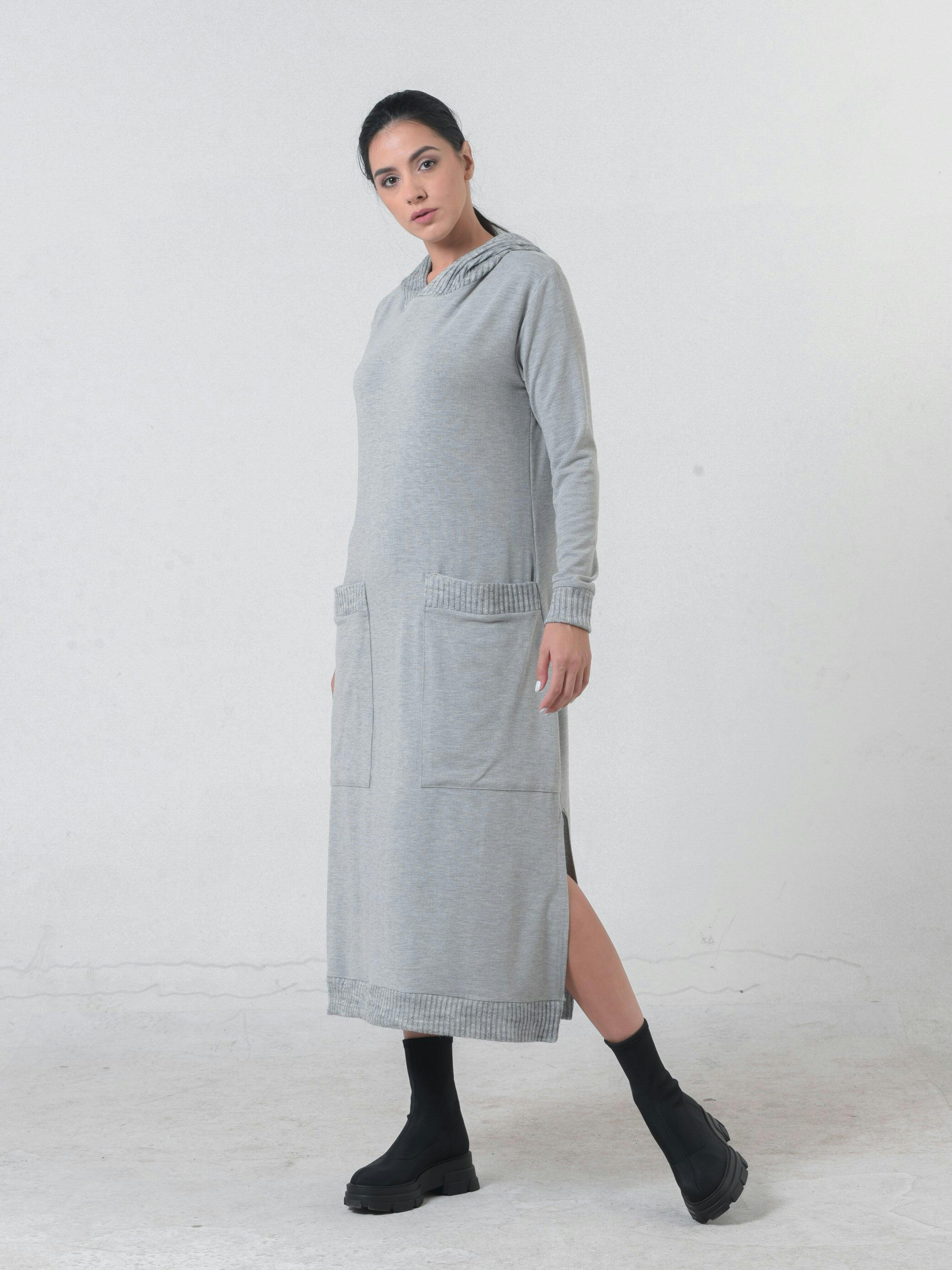 Knitted Long Sleeve Hooded Dress In Light Gray, a product by METAMORPHOZA