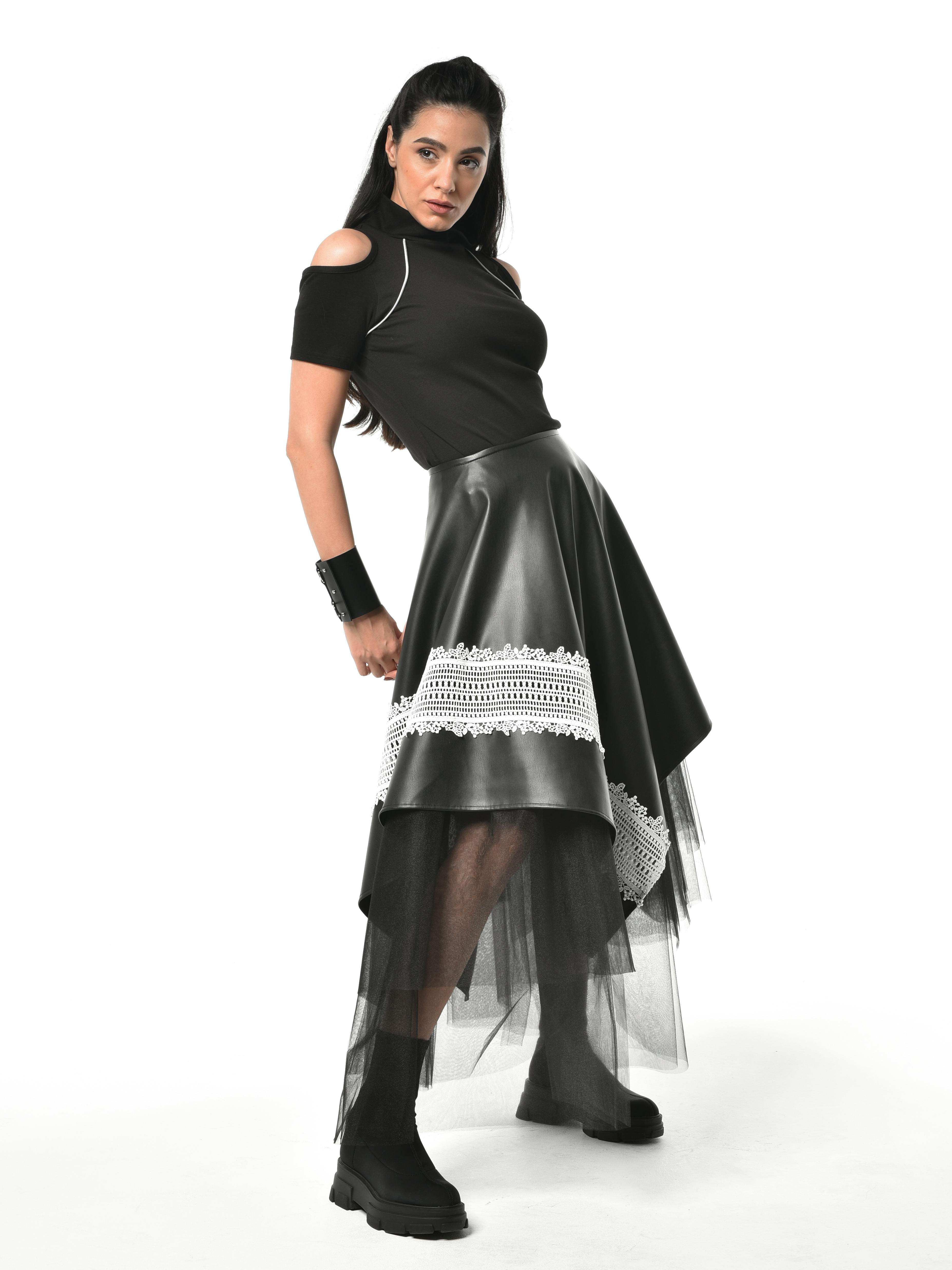 Thumbnail preview #12 for Vegan Leather Skirt With Tulle and Lace 