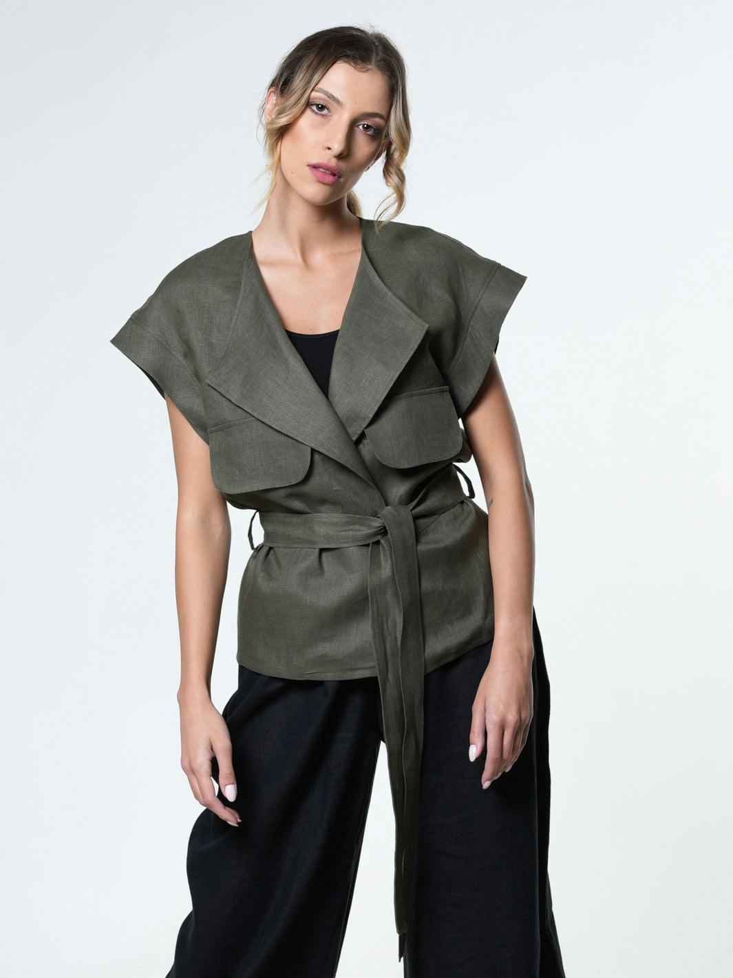 Thumbnail preview #0 for Belted Linen Wrap Top