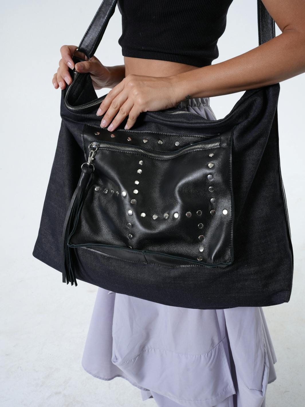 Thumbnail preview #7 for Oversized Slouchy Tote Bag - Denim and Leather