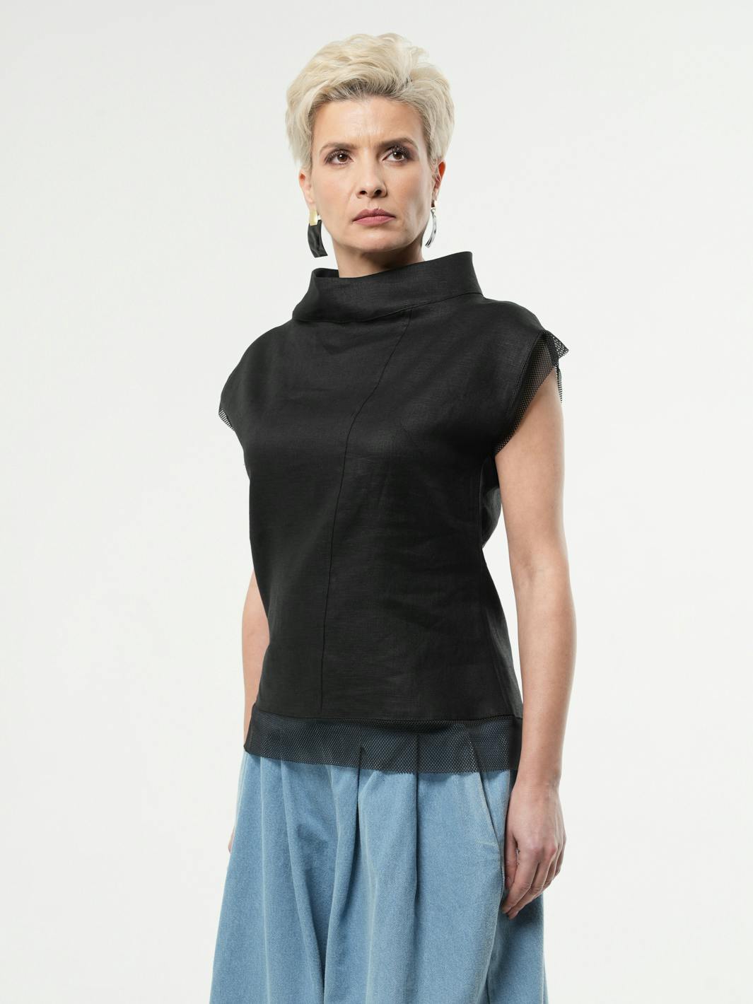 Thumbnail preview #5 for Turtleneck Linen Top With Mesh Details