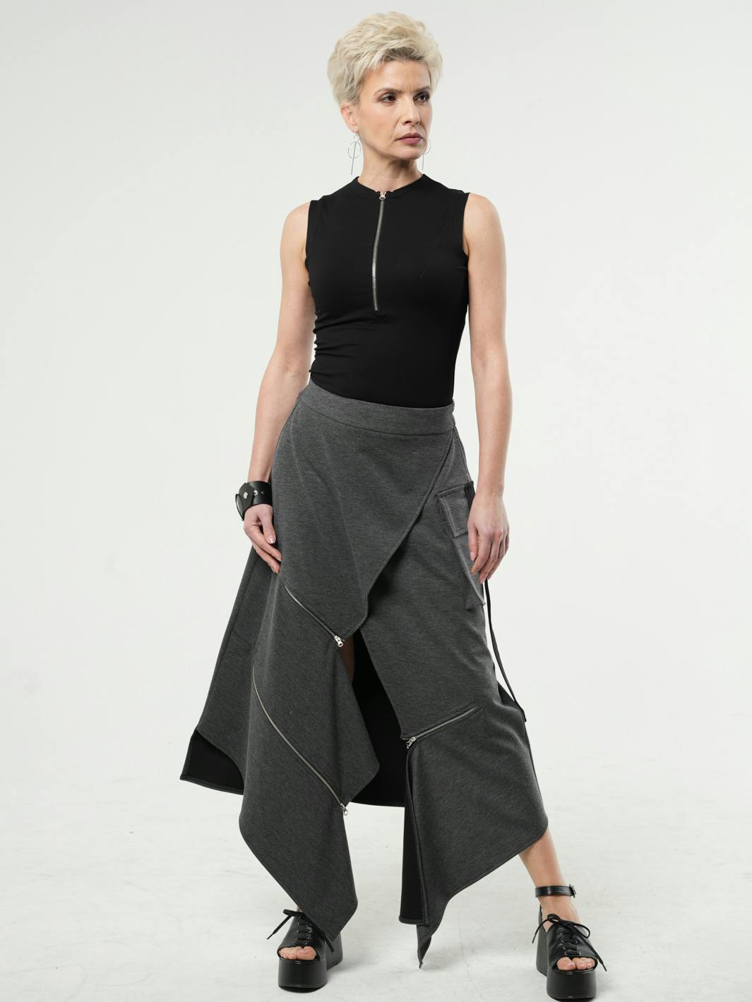 Thumbnail preview #7 for Asymmetric Gray Long Skirt with Zippers 