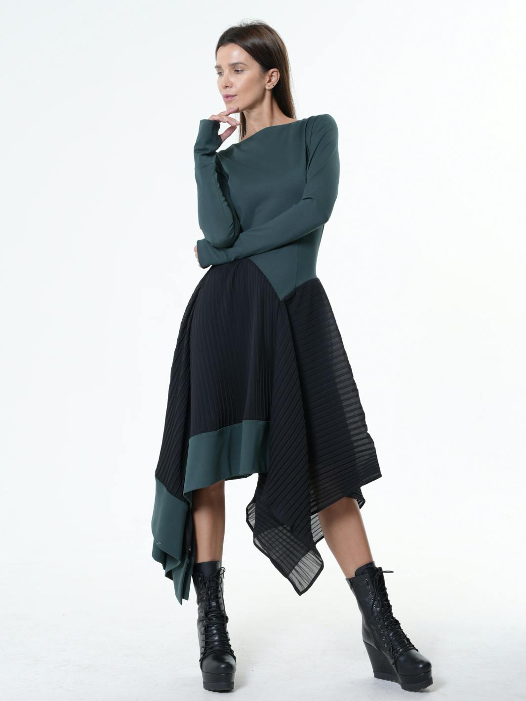 Thumbnail preview #11 for Asymmetric Dress In Petrol With Pleated Chiffon Layer 