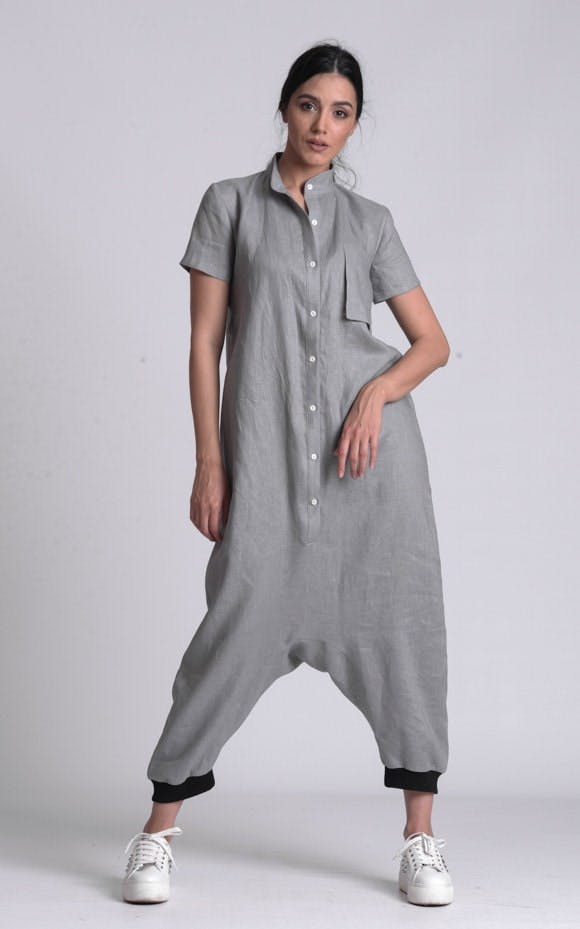 Thumbnail preview #5 for Buttoned Drop-Crotch Linen Jumpsuit