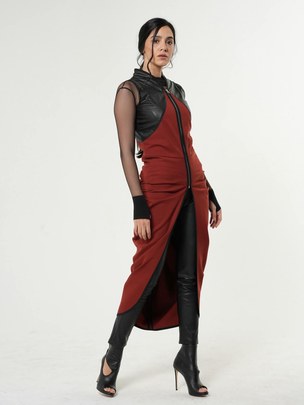 Thumbnail preview #2 for Sleeveless Long Vest With Leather Accent