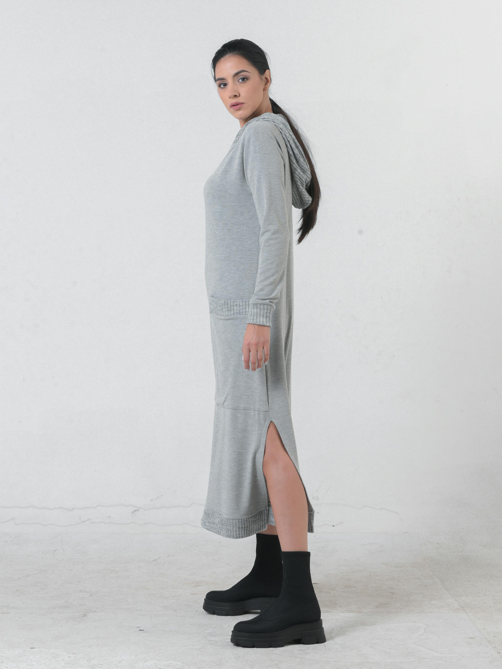 Thumbnail preview #2 for Knitted Long Sleeve Hooded Dress In Light Gray