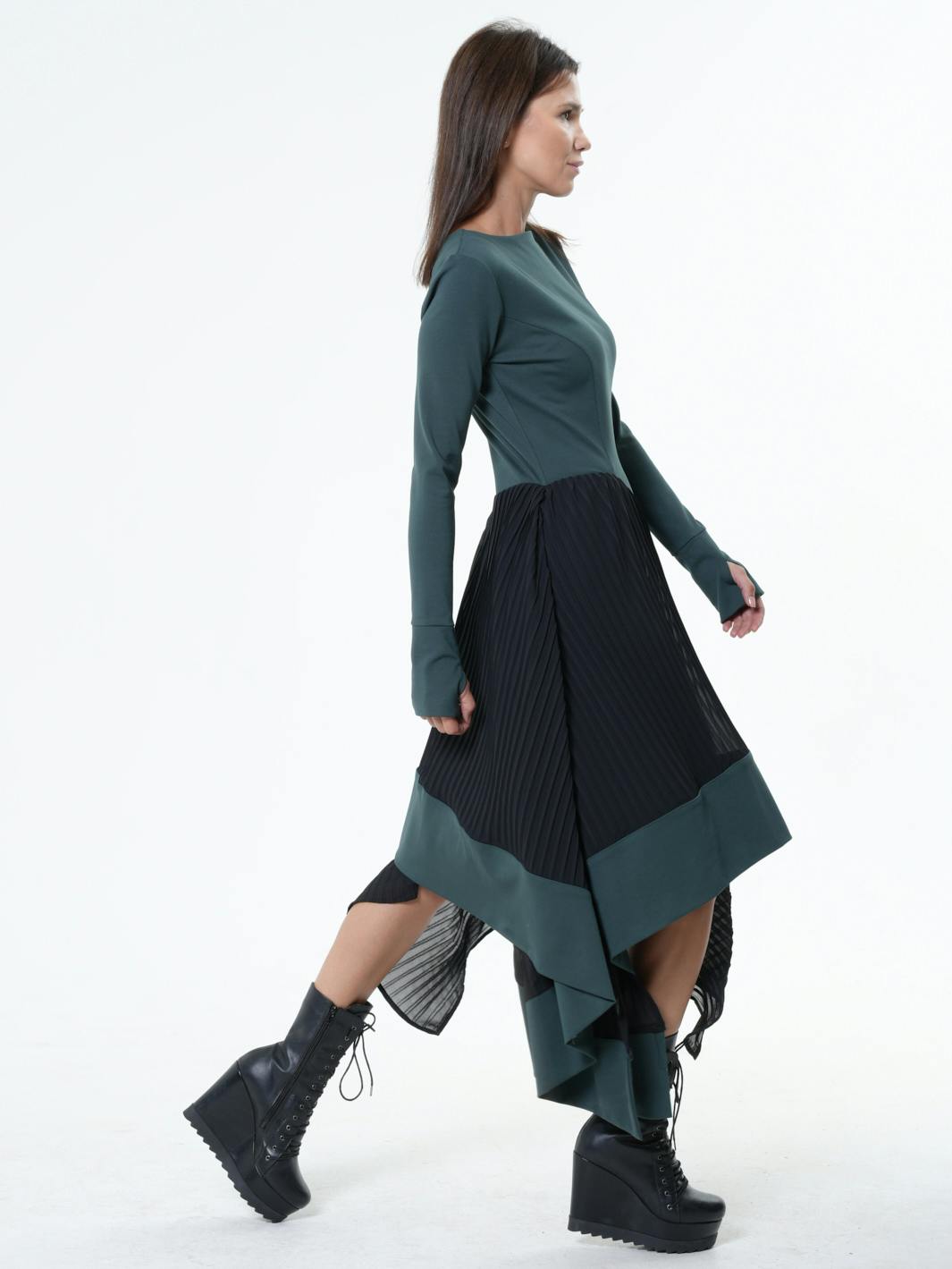 Thumbnail preview #1 for Asymmetric Dress In Petrol With Pleated Chiffon Layer 