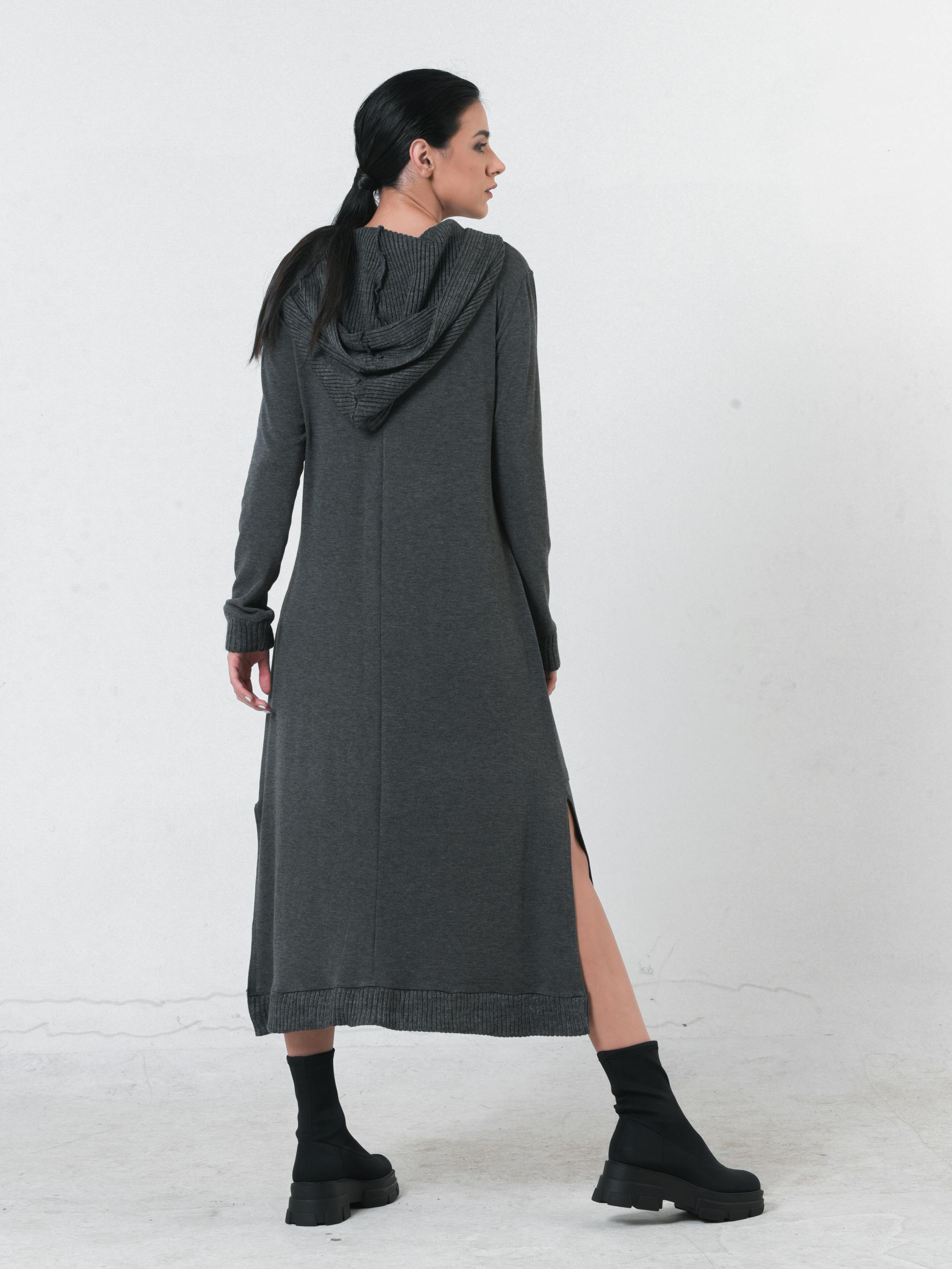 Thumbnail preview #5 for Knitted Long Sleeve Hooded Dress In Dark Gray