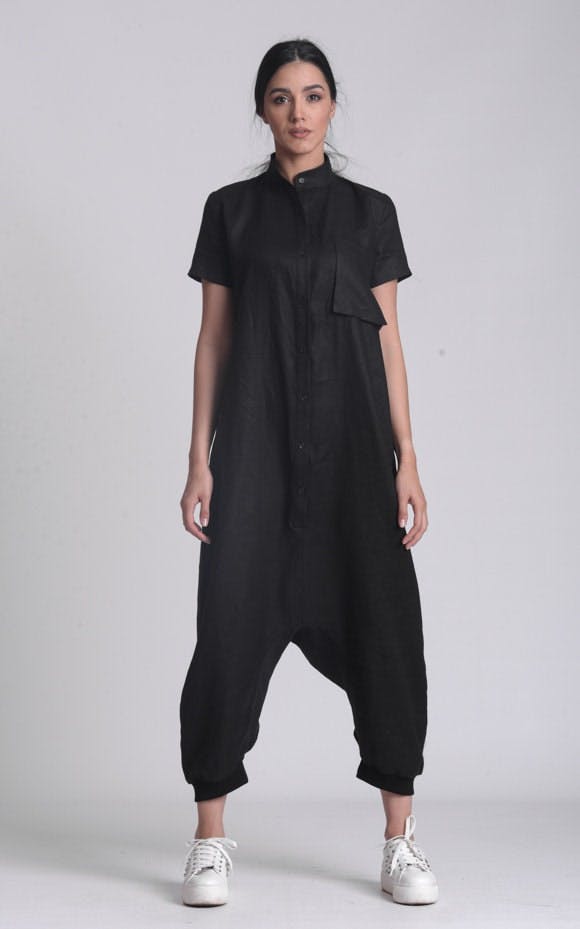 Thumbnail preview #2 for Buttoned Drop-Crotch Linen Jumpsuit