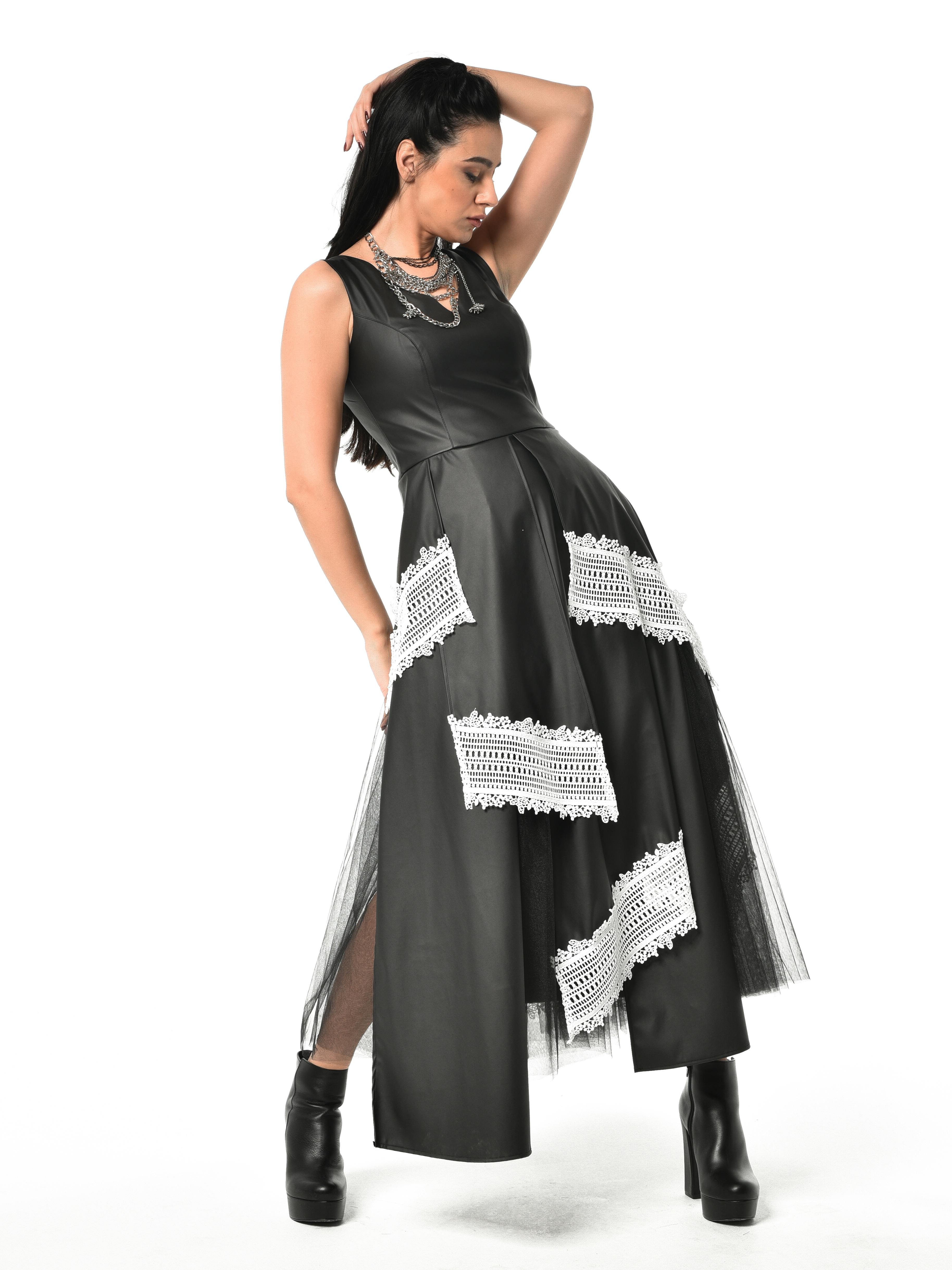 Thumbnail preview #5 for Black Vegan Leather Dress with Tulle and Lace